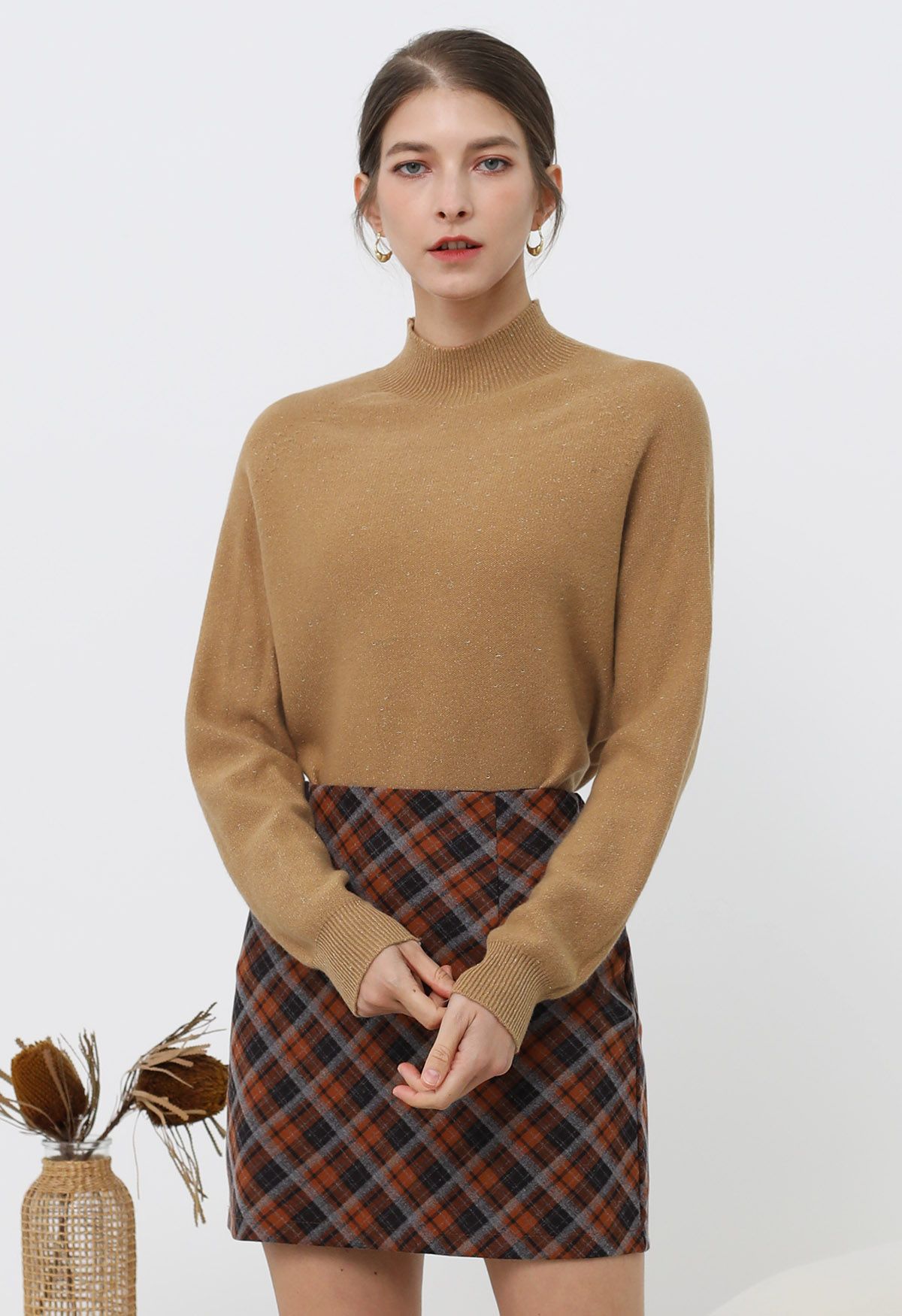 Pull col montant en laine avec fil métallique intégral couleur caramel