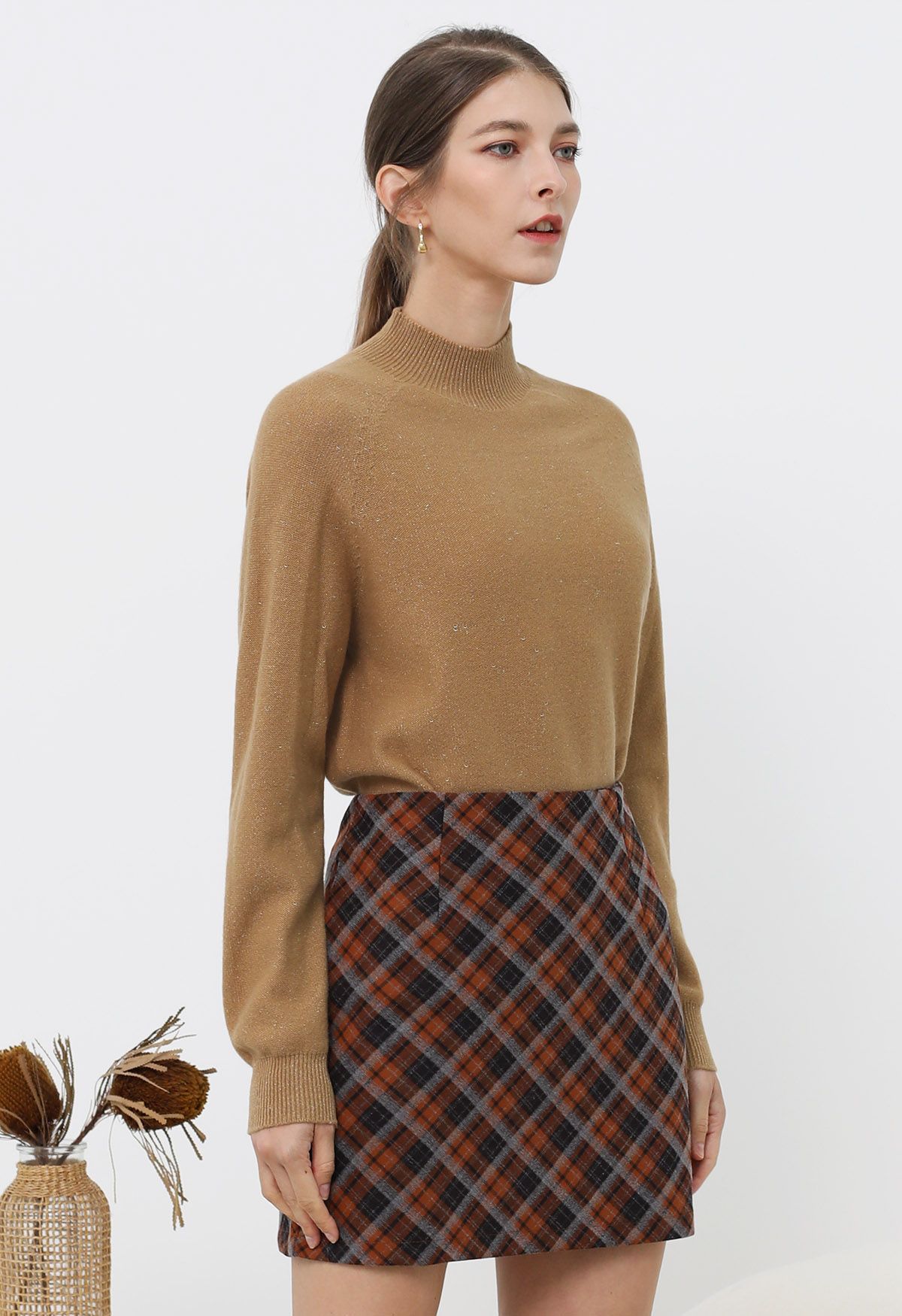 Pull col montant en laine avec fil métallique intégral couleur caramel