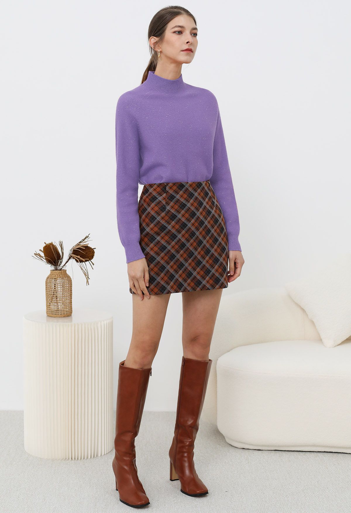 Pull col montant en laine avec fil métallique intégral en violet