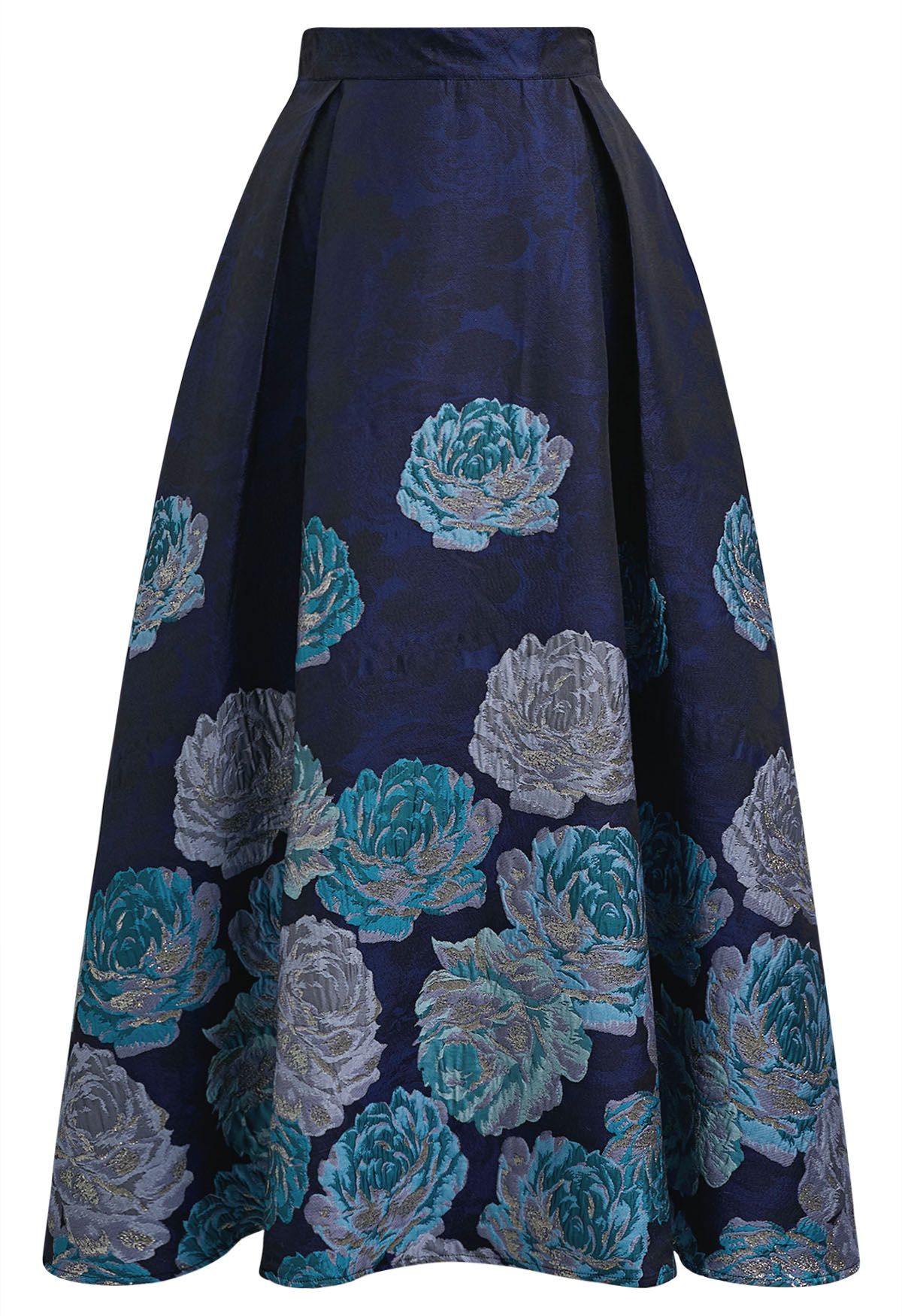 Jupe longue évasée en jacquard pivoine bleu nuit