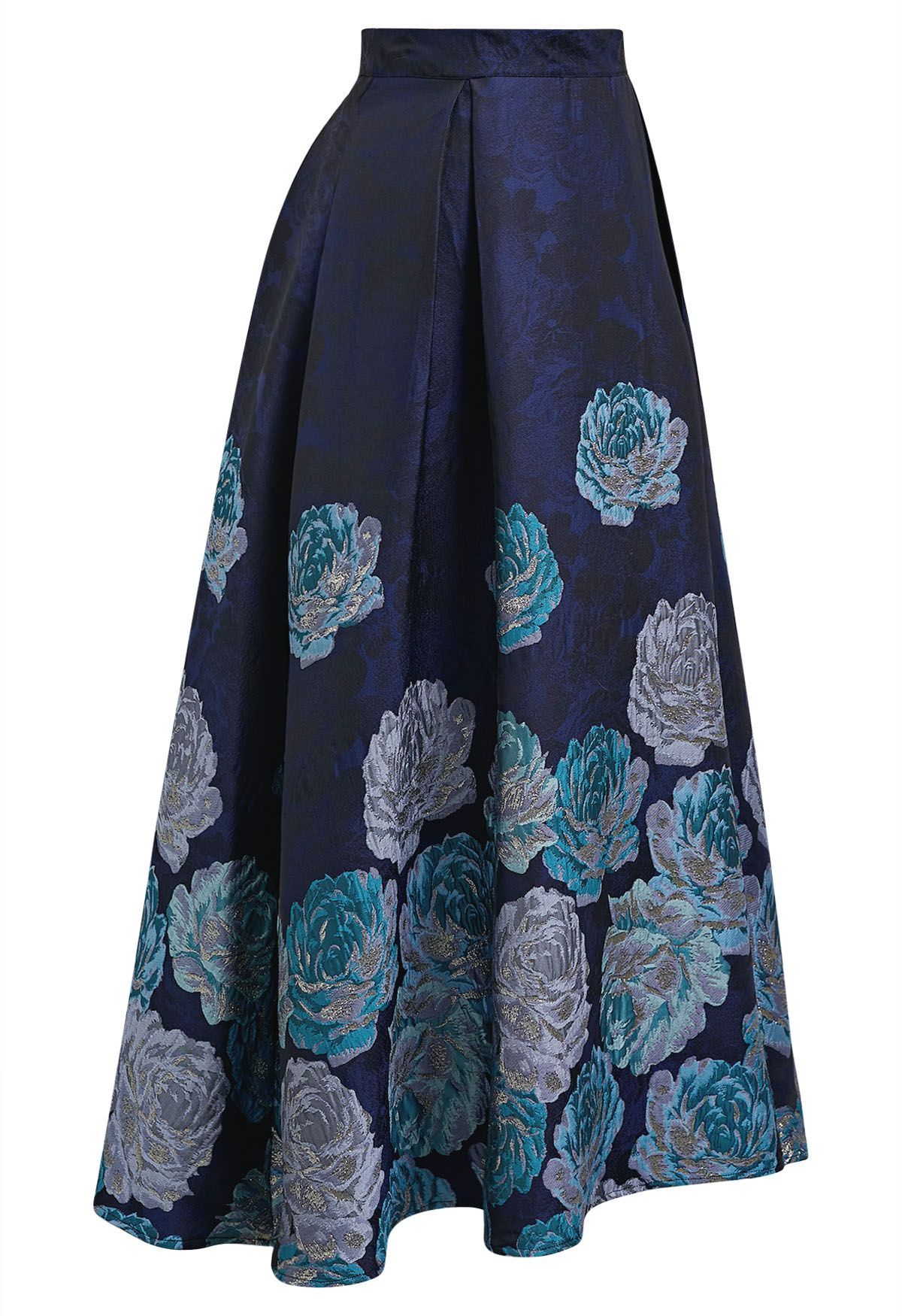 Jupe longue évasée en jacquard pivoine bleu nuit