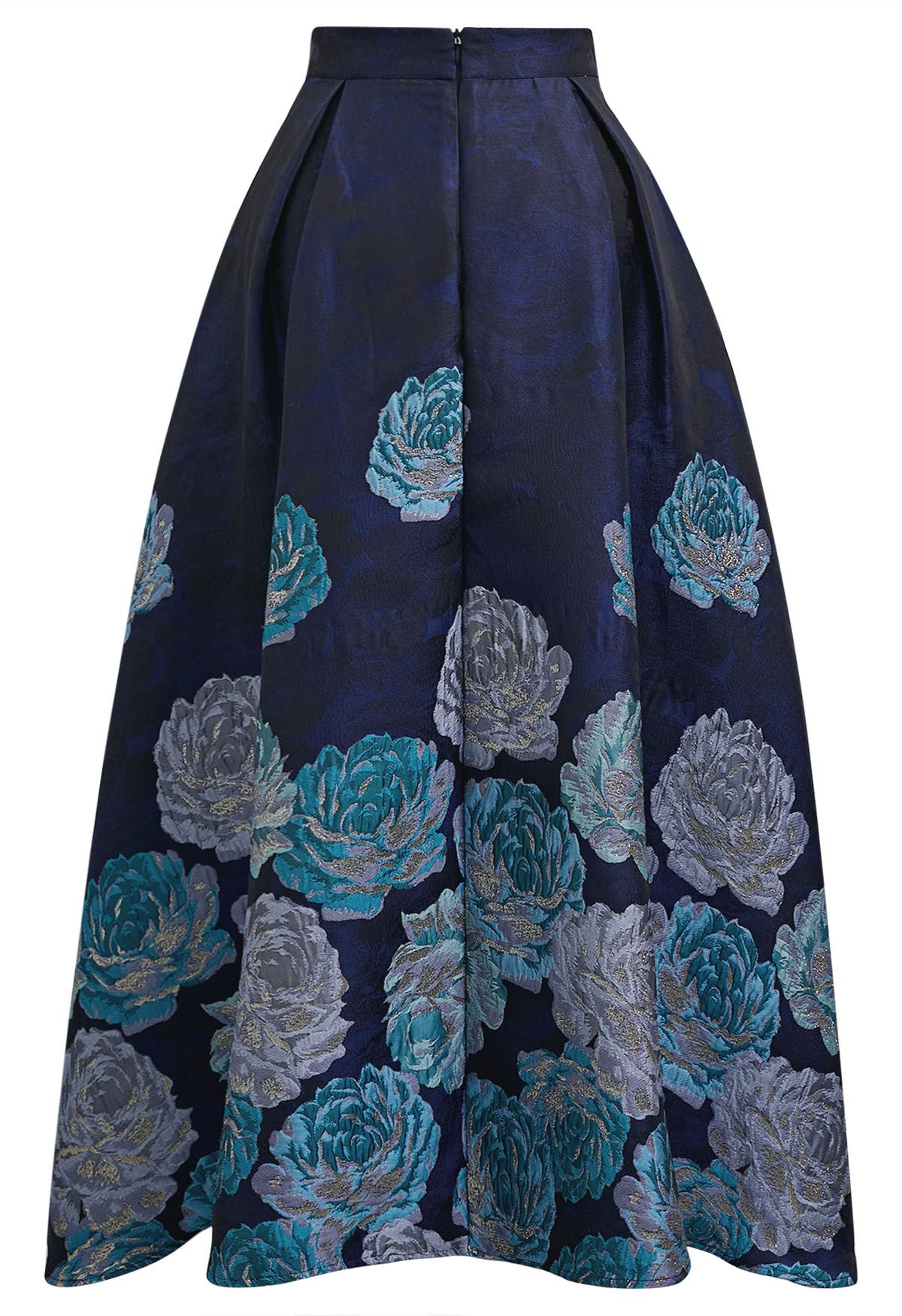 Jupe longue évasée en jacquard pivoine bleu nuit