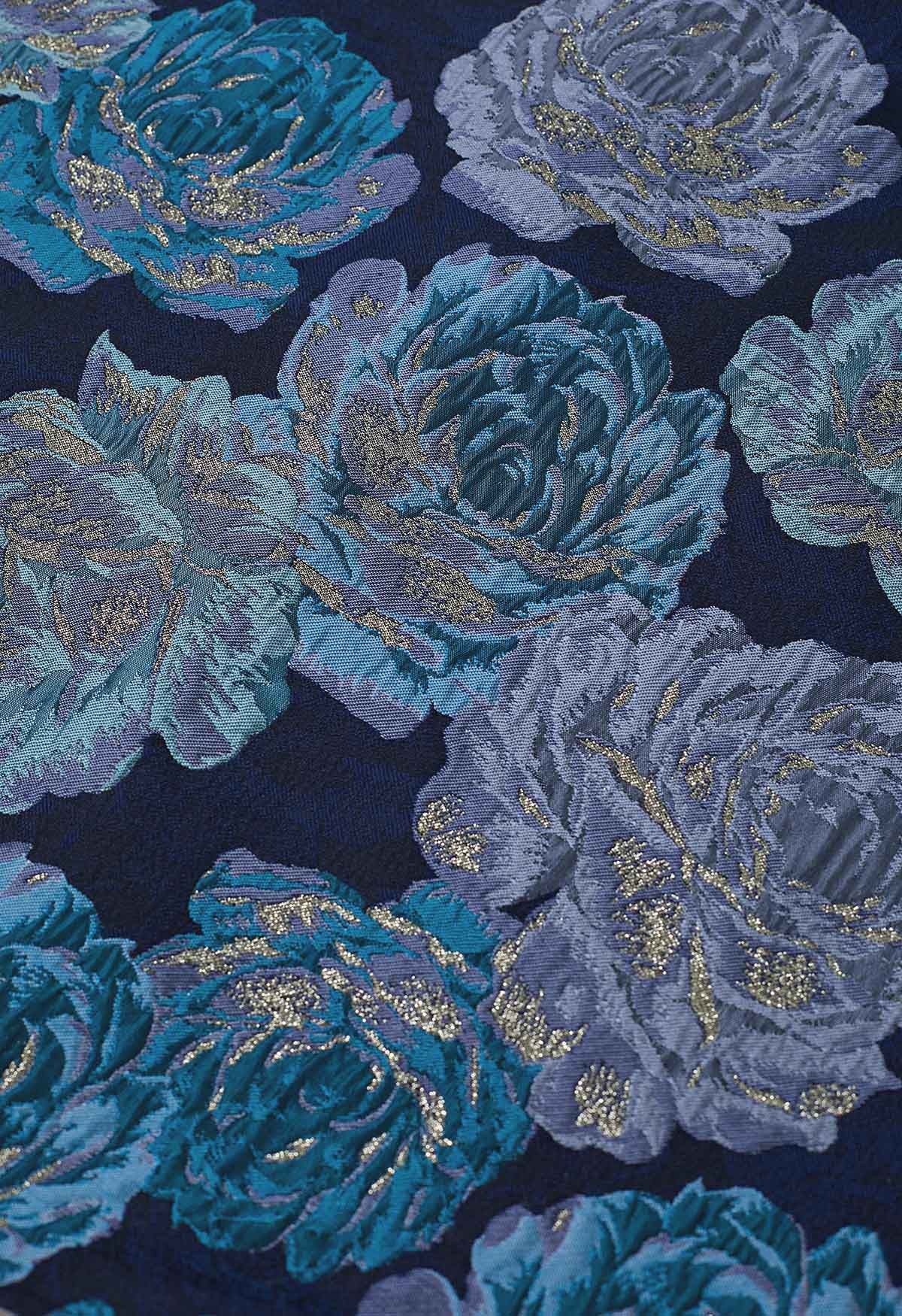 Jupe longue évasée en jacquard pivoine bleu nuit