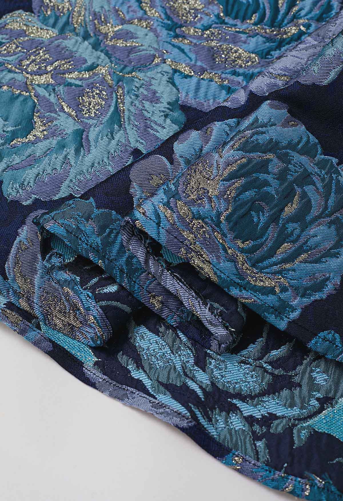 Jupe longue évasée en jacquard pivoine bleu nuit