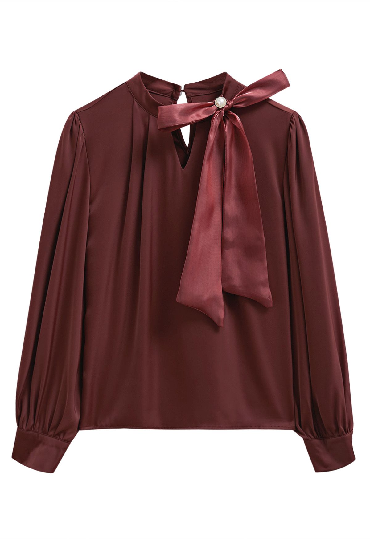 Haut en satin avec nœud papillon en organza nacré bordeaux