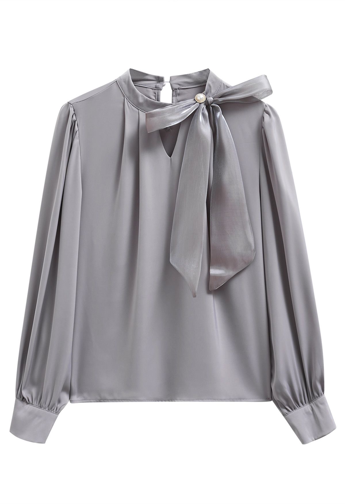 Haut en satin à nœud papillon en organza nacré gris