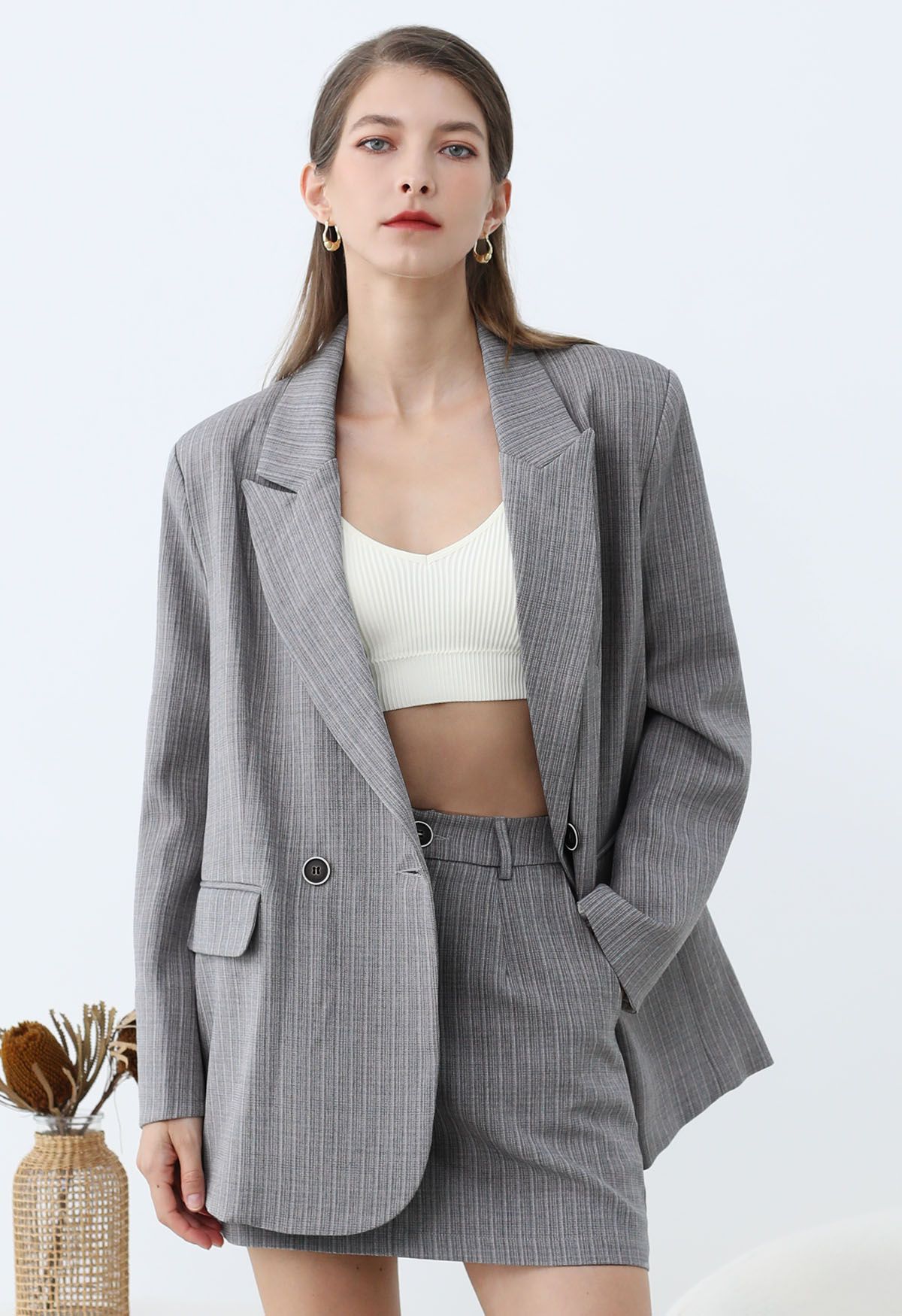 Blazer oversize à épaules rembourrées et rayures Everlasting en gris