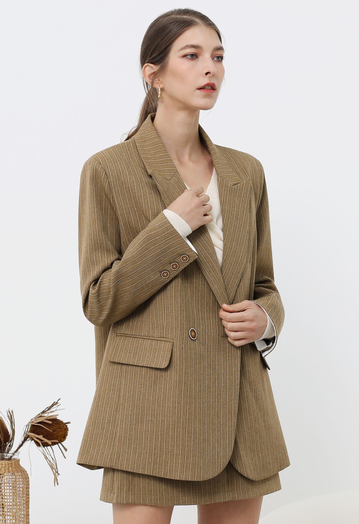 Blazer oversize à épaules rembourrées et rayures Everlasting en camel