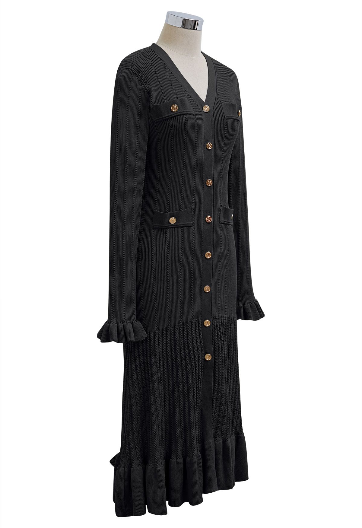 Robe en maille ajourée boutonnée à col en V et volants élégante en noir