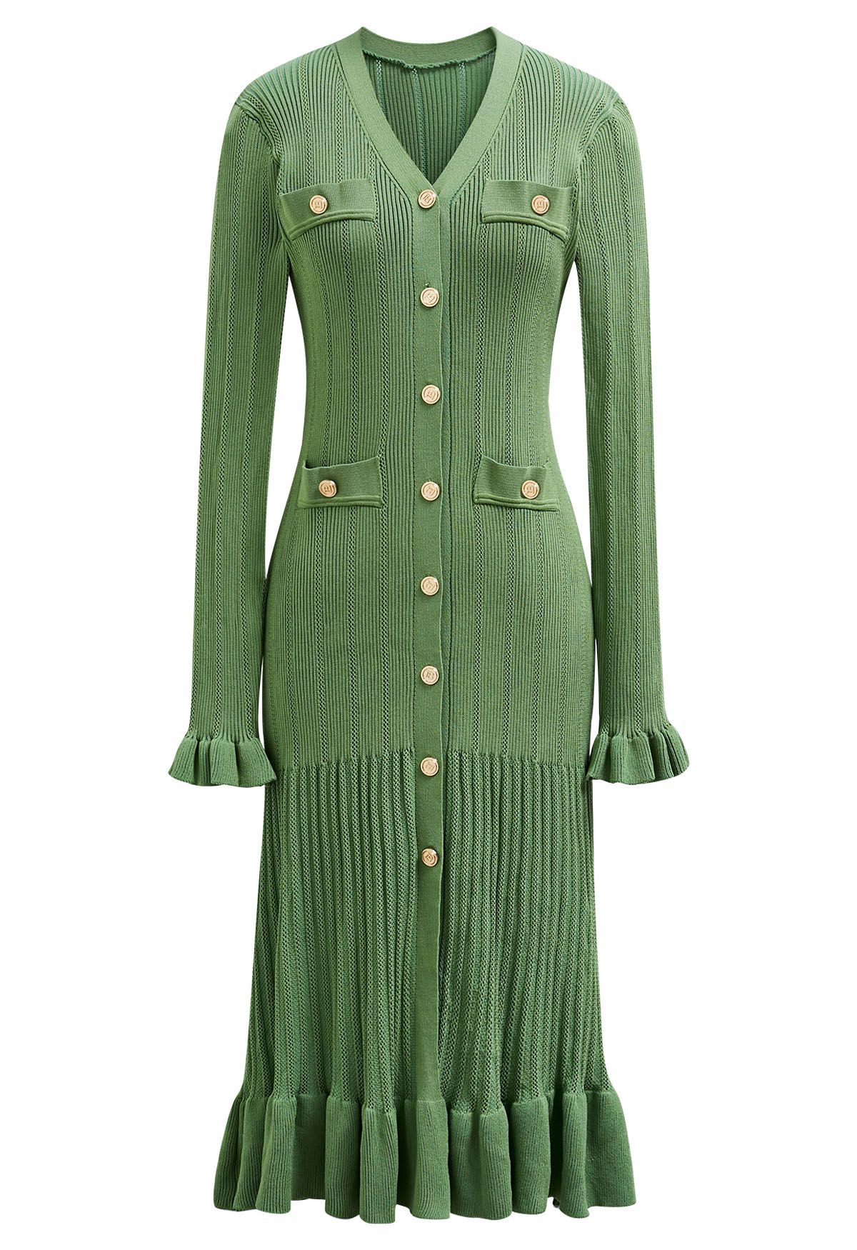 Robe en maille ajourée boutonnée à col en V et volants élégante en vert