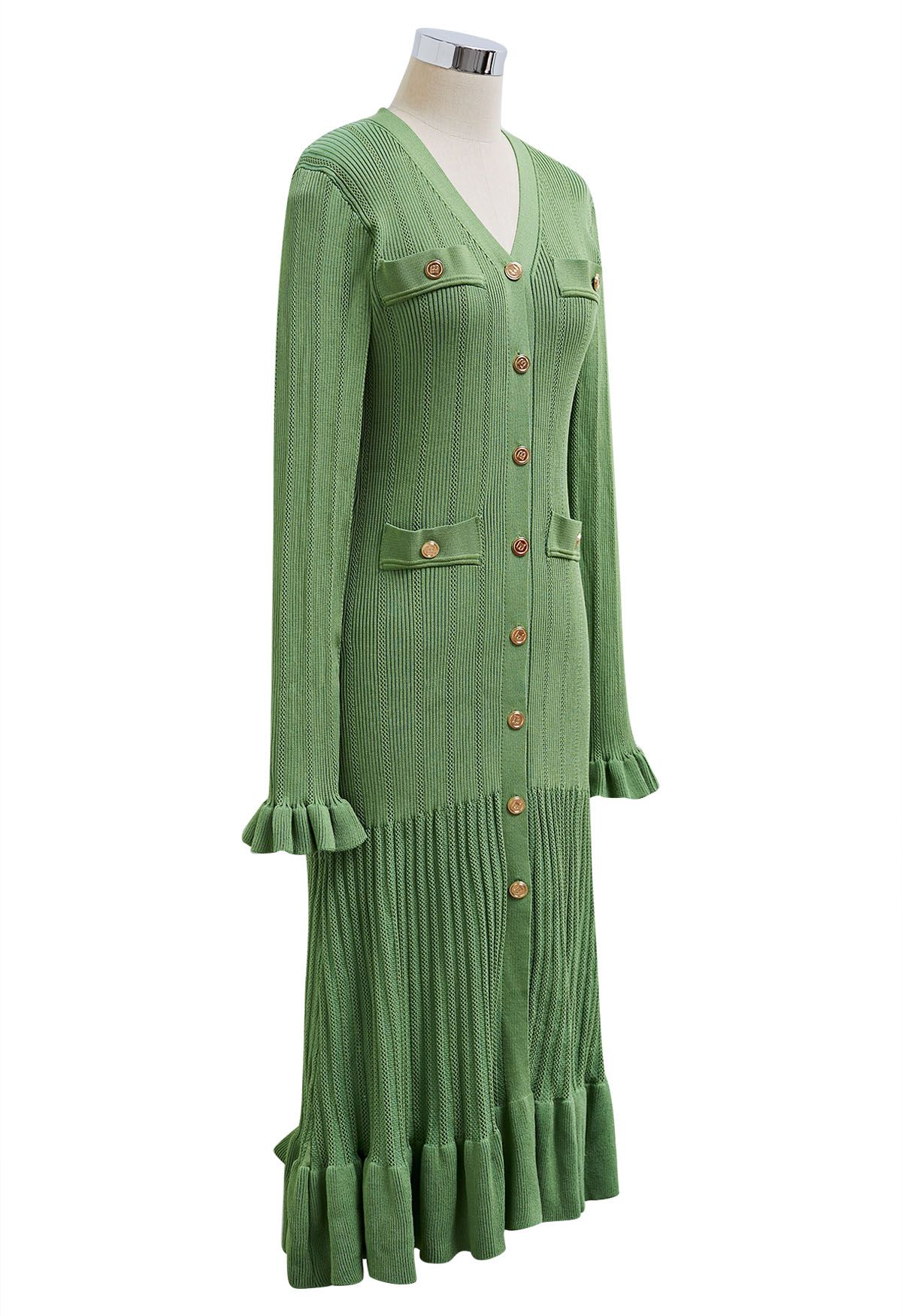 Robe en maille ajourée boutonnée à col en V et volants élégante en vert