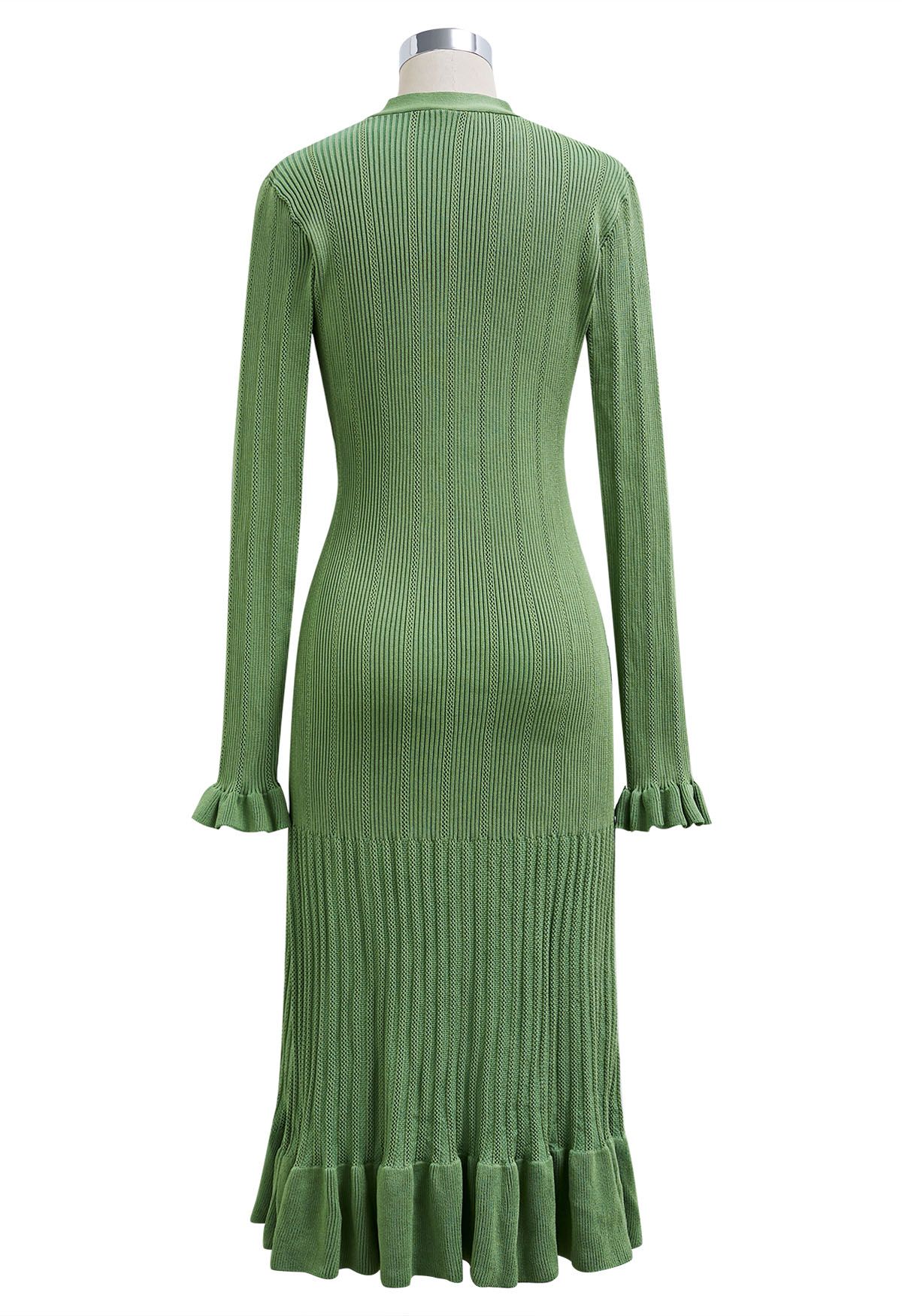 Robe en maille ajourée boutonnée à col en V et volants élégante en vert