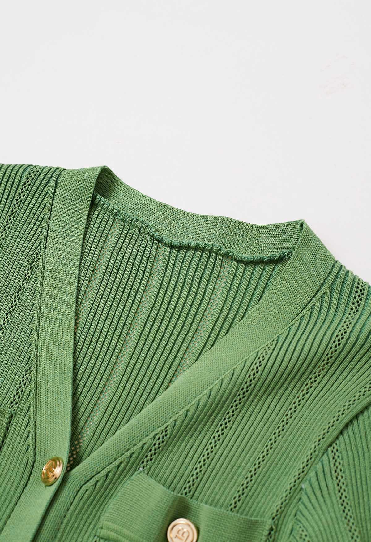 Robe en maille ajourée boutonnée à col en V et volants élégante en vert