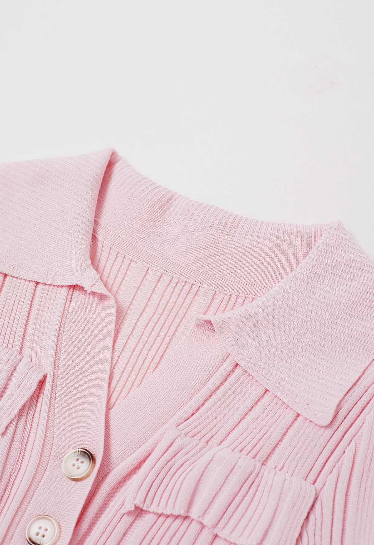 Robe décontractée en tricot côtelé avec poches à rabat et col en rose clair