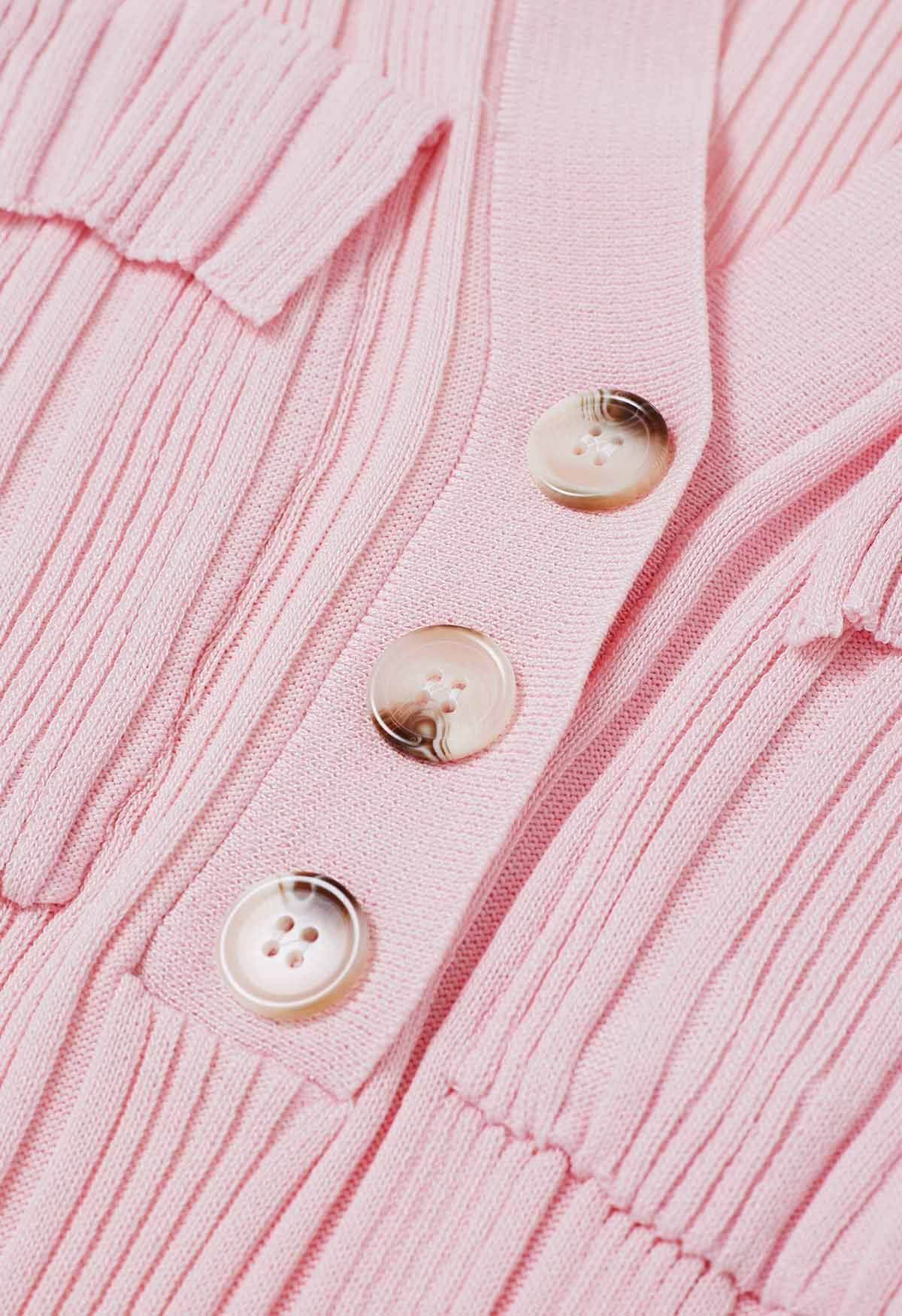 Robe décontractée en tricot côtelé avec poches à rabat et col en rose clair