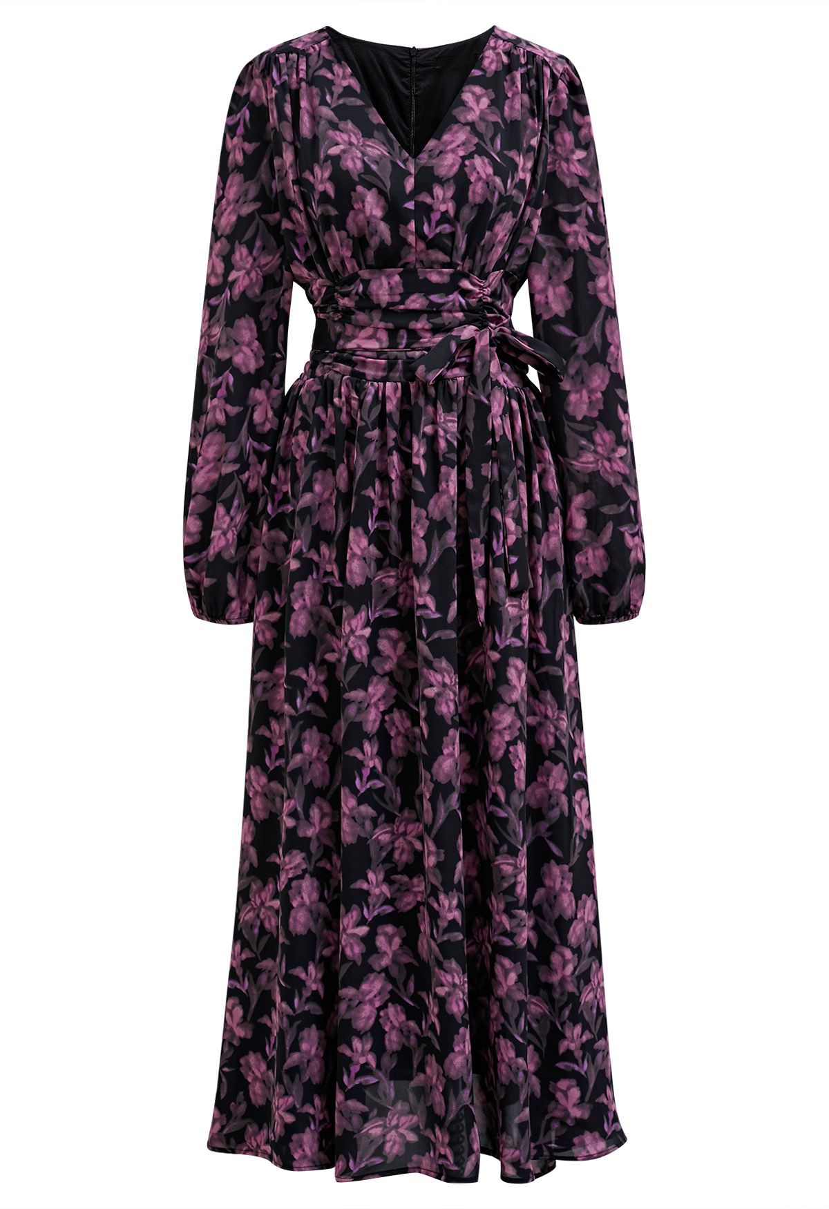 Robe longue en mousseline à col en V et motif floral Serenade en rose