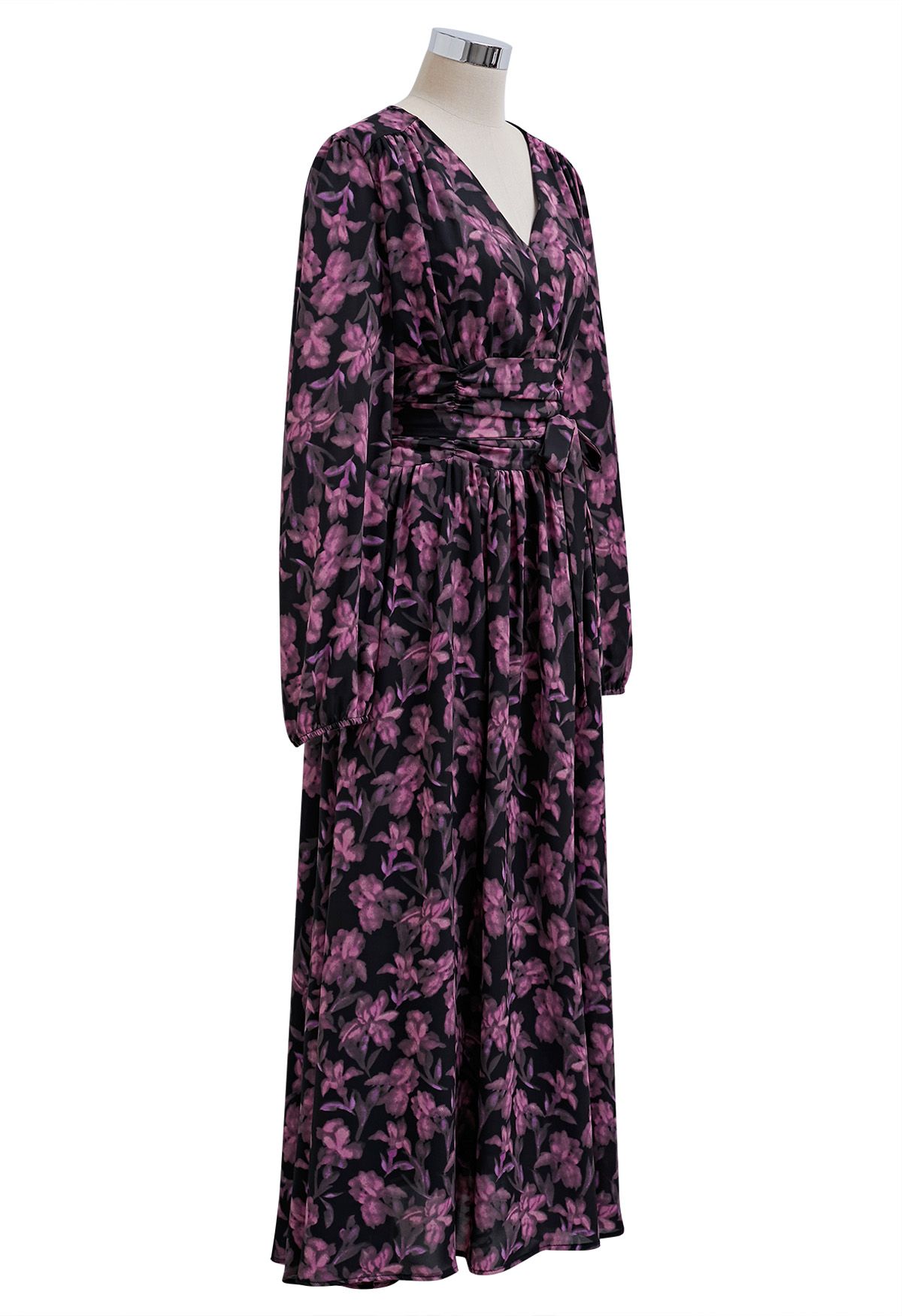 Robe longue en mousseline à col en V et motif floral Serenade en rose