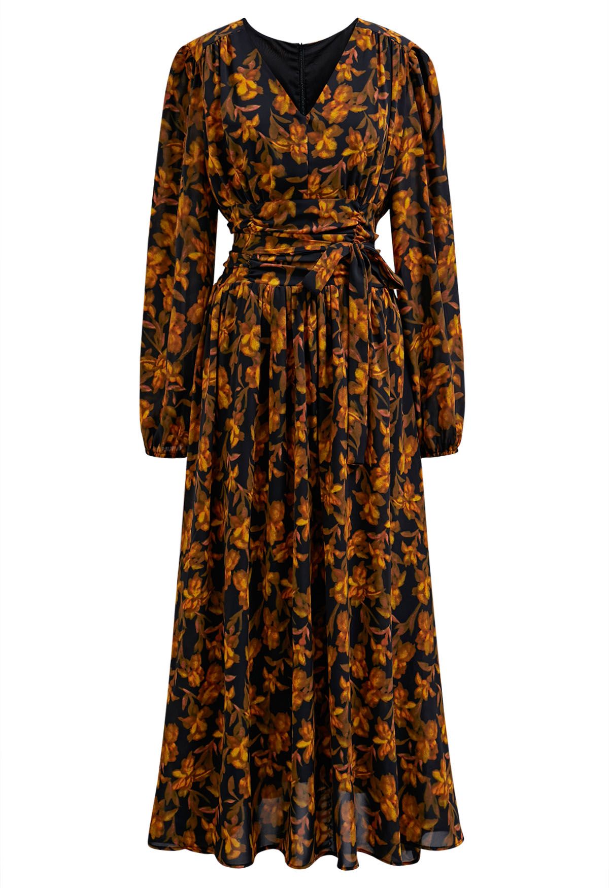 Robe longue en mousseline à col en V et motif floral Serenade en orange