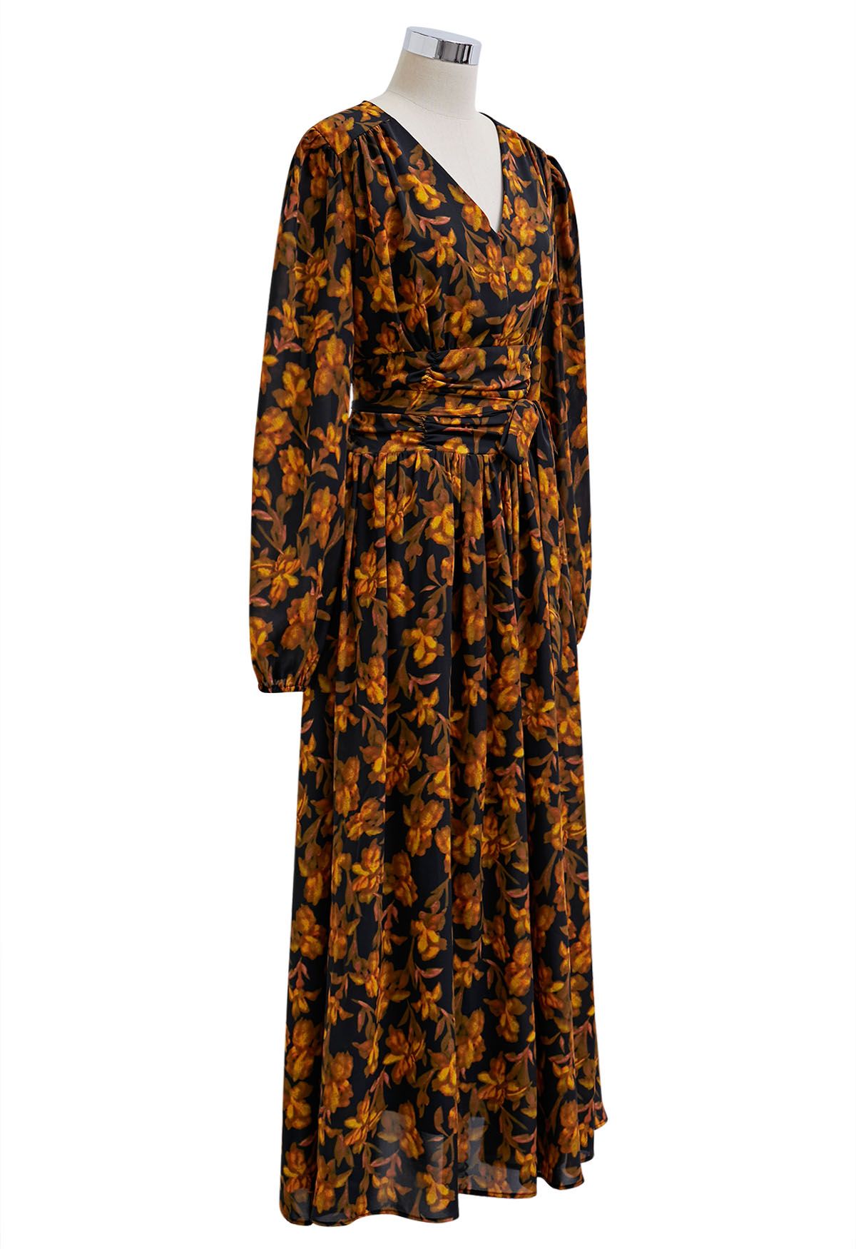 Robe longue en mousseline à col en V et motif floral Serenade en orange