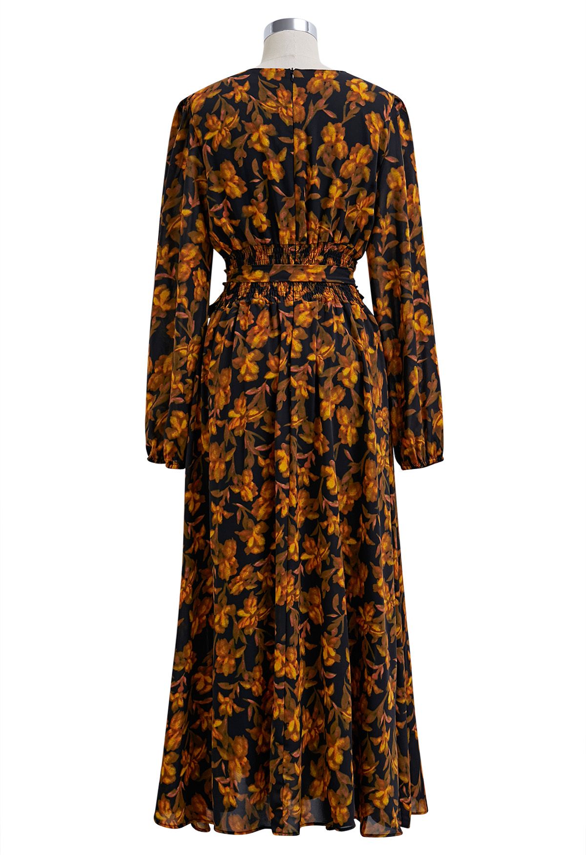 Robe longue en mousseline à col en V et motif floral Serenade en orange