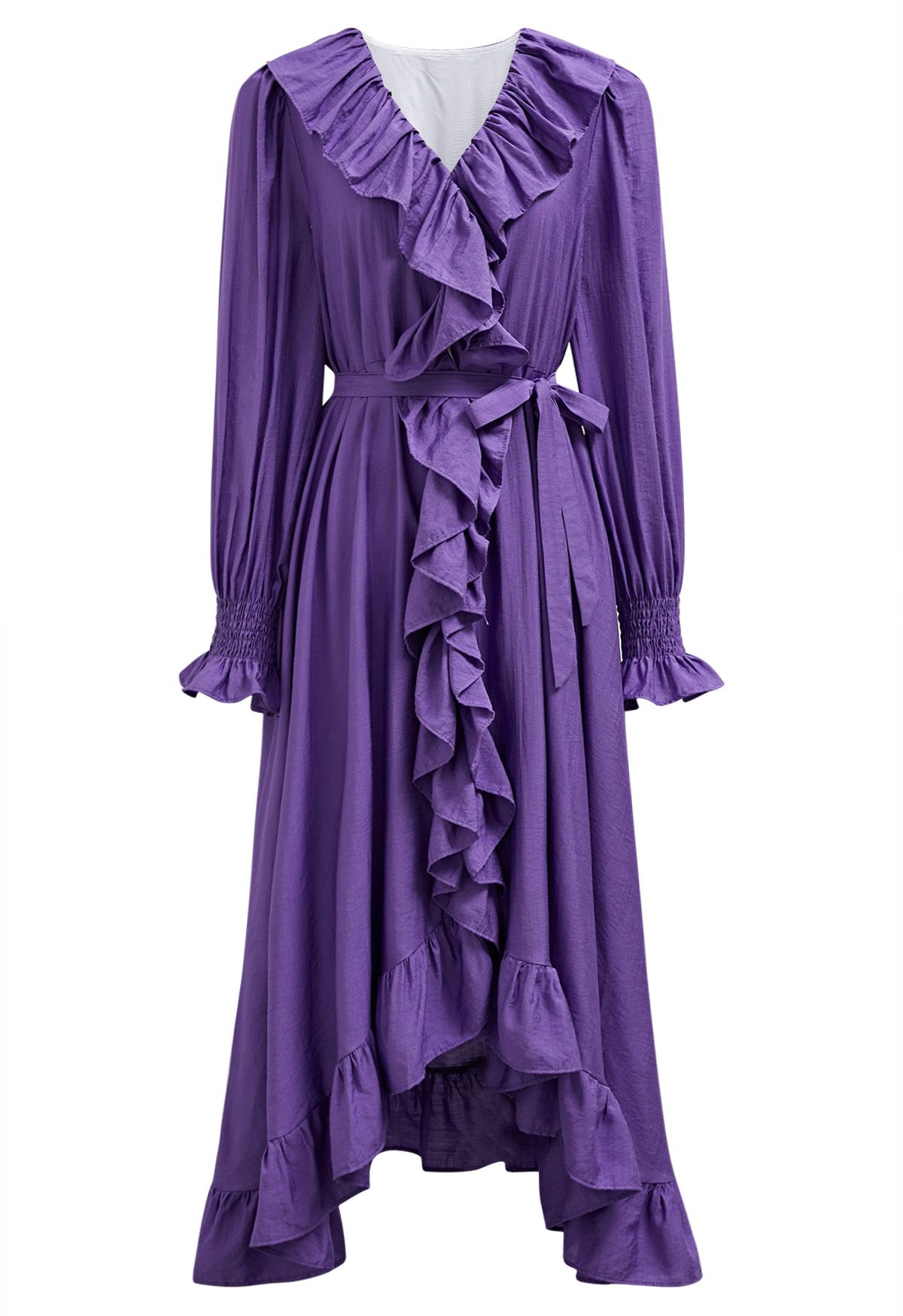 Robe mi-longue boutonnée asymétrique à volants fantaisistes en violet