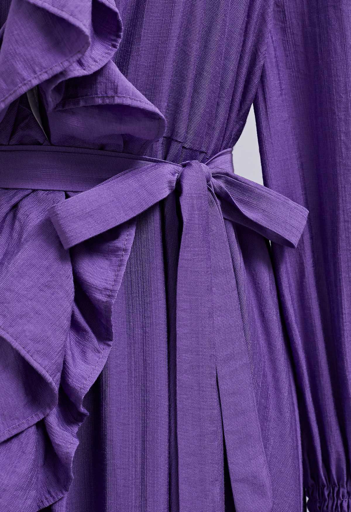 Robe mi-longue boutonnée asymétrique à volants fantaisistes en violet