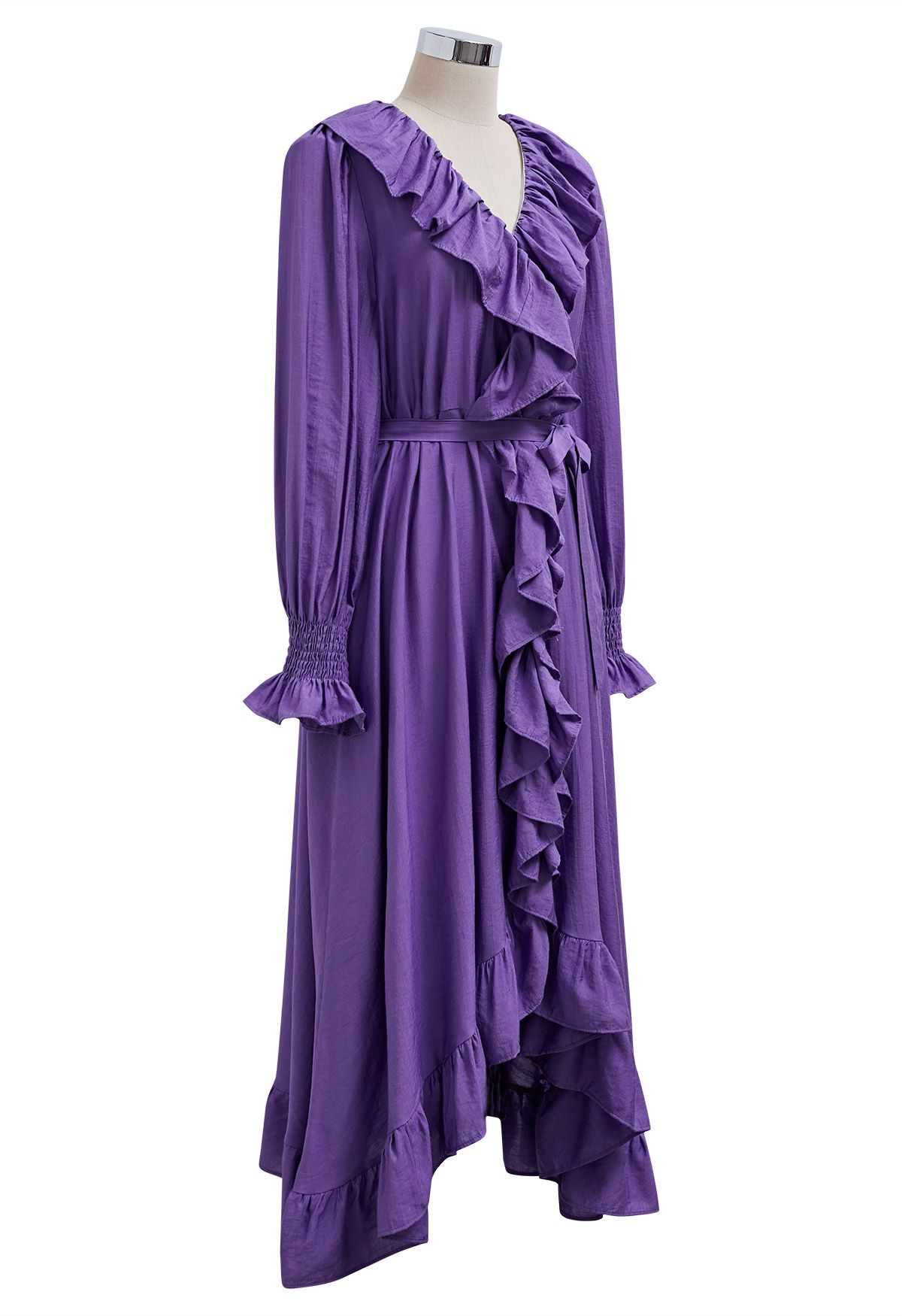 Robe mi-longue boutonnée asymétrique à volants fantaisistes en violet