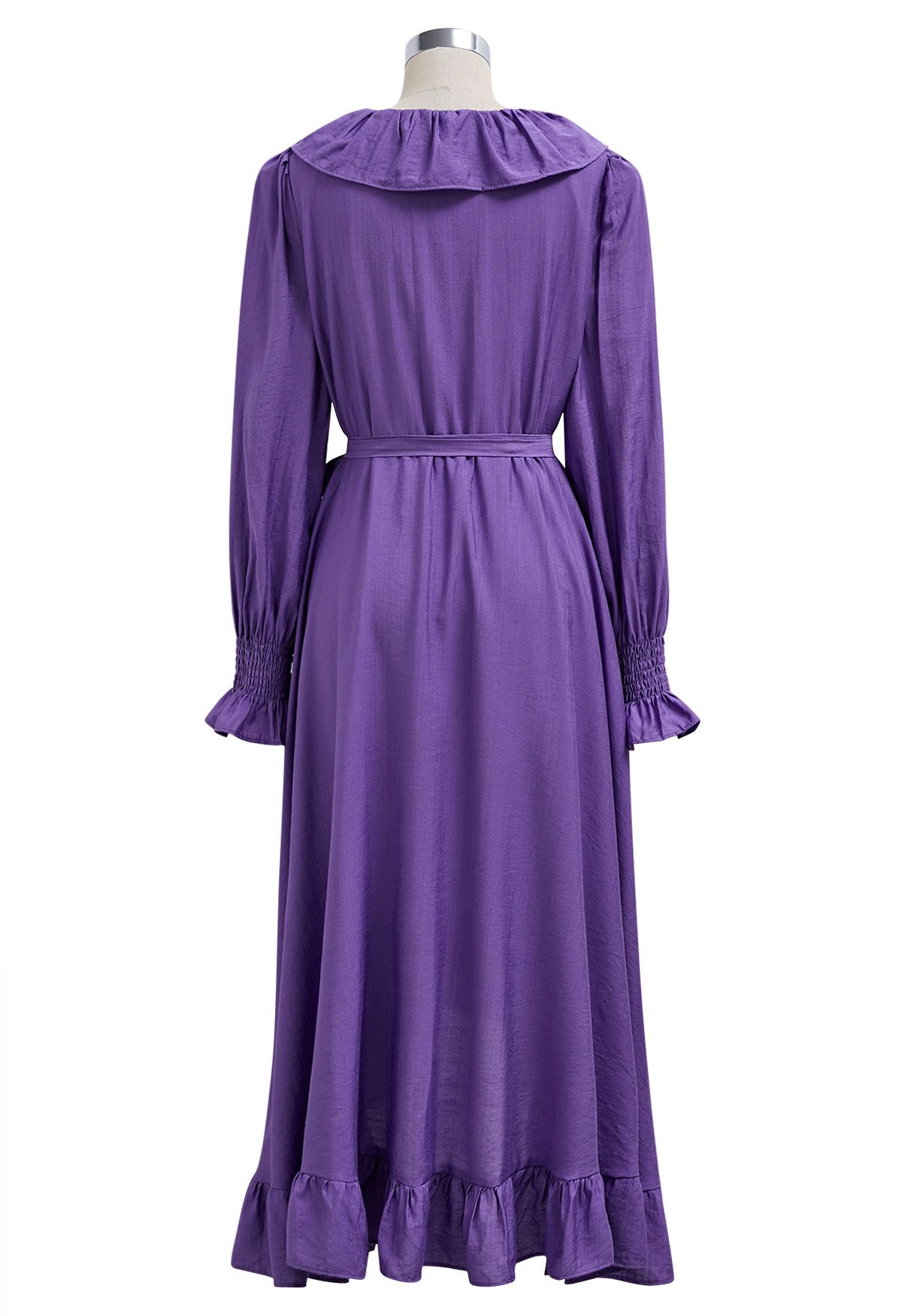 Robe mi-longue boutonnée asymétrique à volants fantaisistes en violet