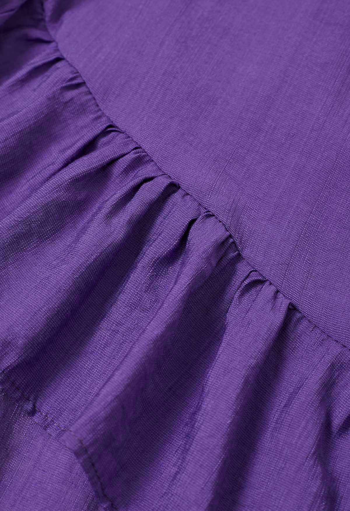 Robe mi-longue boutonnée asymétrique à volants fantaisistes en violet