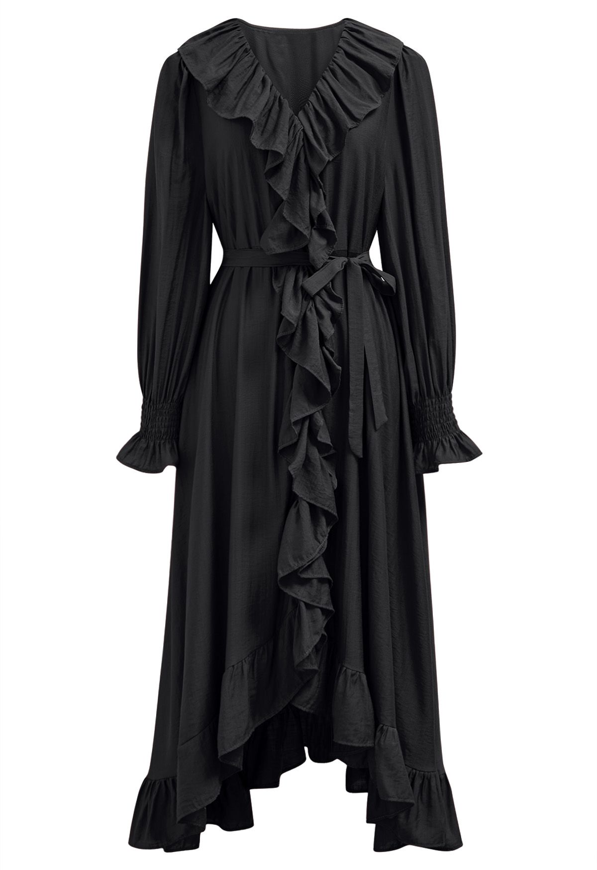 Robe mi-longue asymétrique à volants fantaisie boutonnée en noir