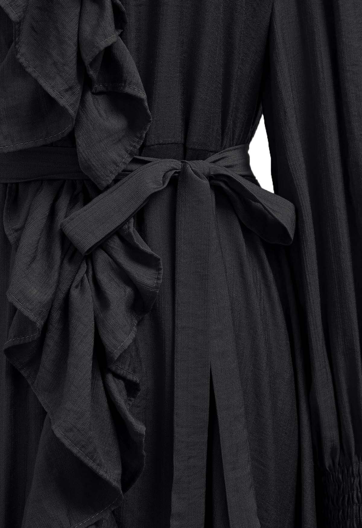 Robe mi-longue asymétrique à volants fantaisie boutonnée en noir