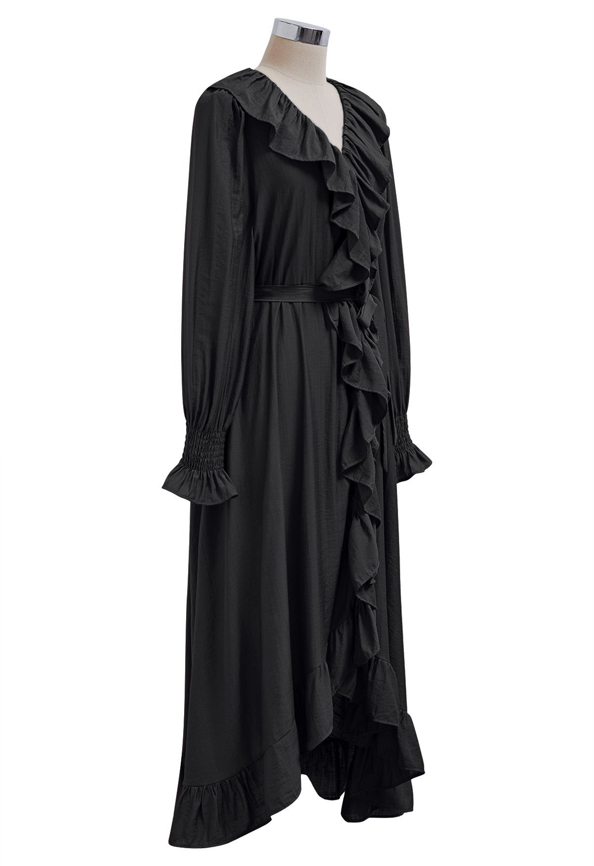 Robe mi-longue asymétrique à volants fantaisie boutonnée en noir