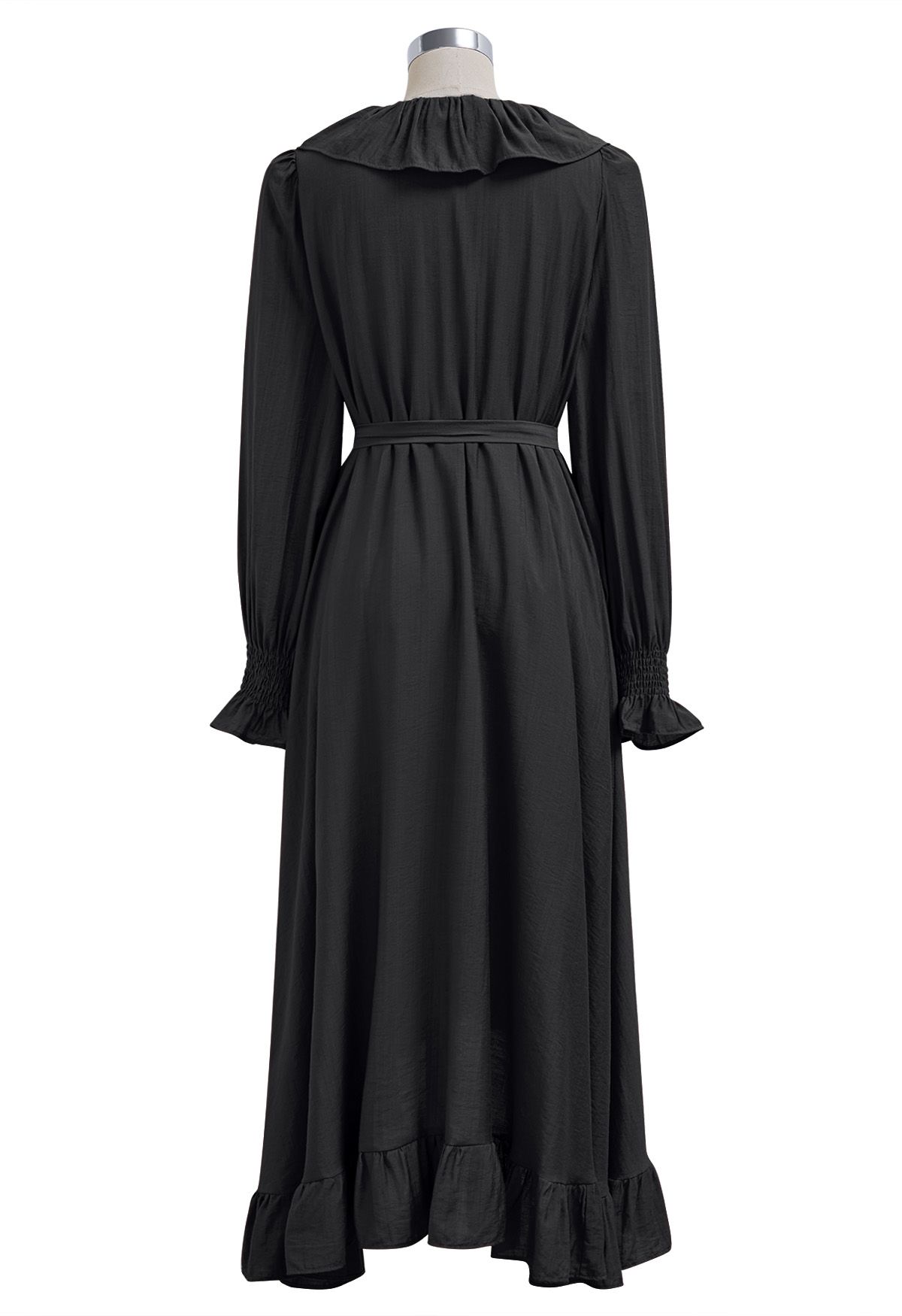 Robe mi-longue asymétrique à volants fantaisie boutonnée en noir