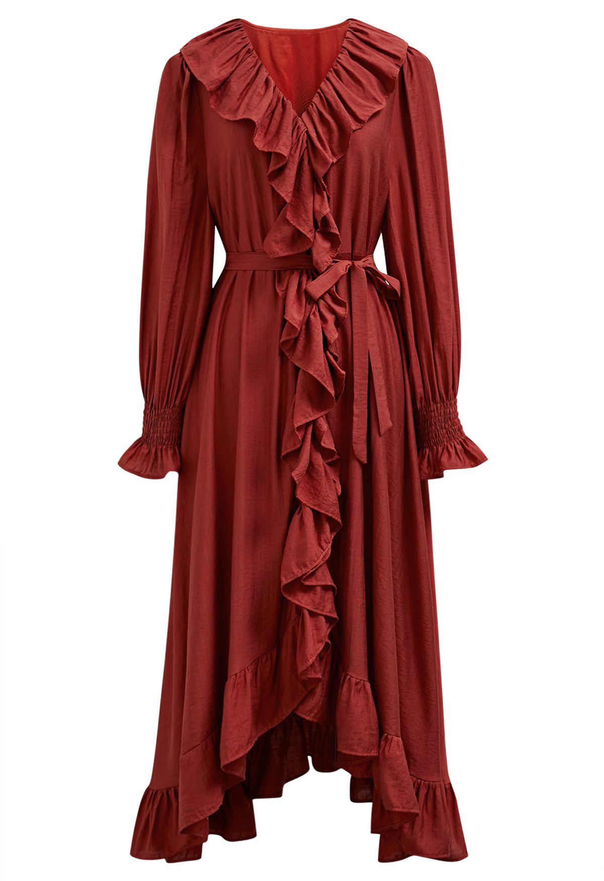 Robe mi-longue boutonnée asymétrique à volants fantaisistes en rouge