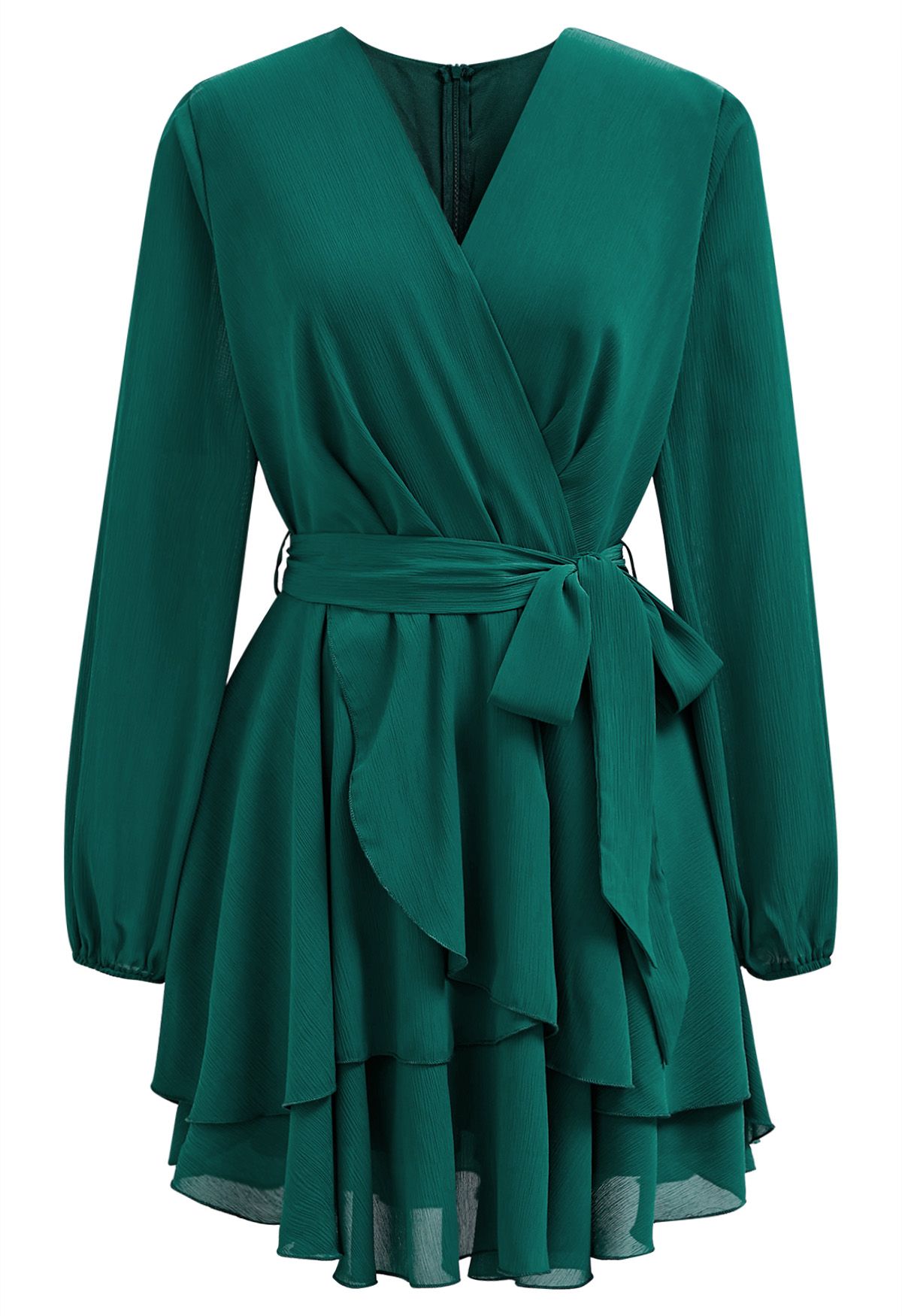 Adorable mini-robe à volants superposés, col en V, ceinture nouée à la taille, en vert