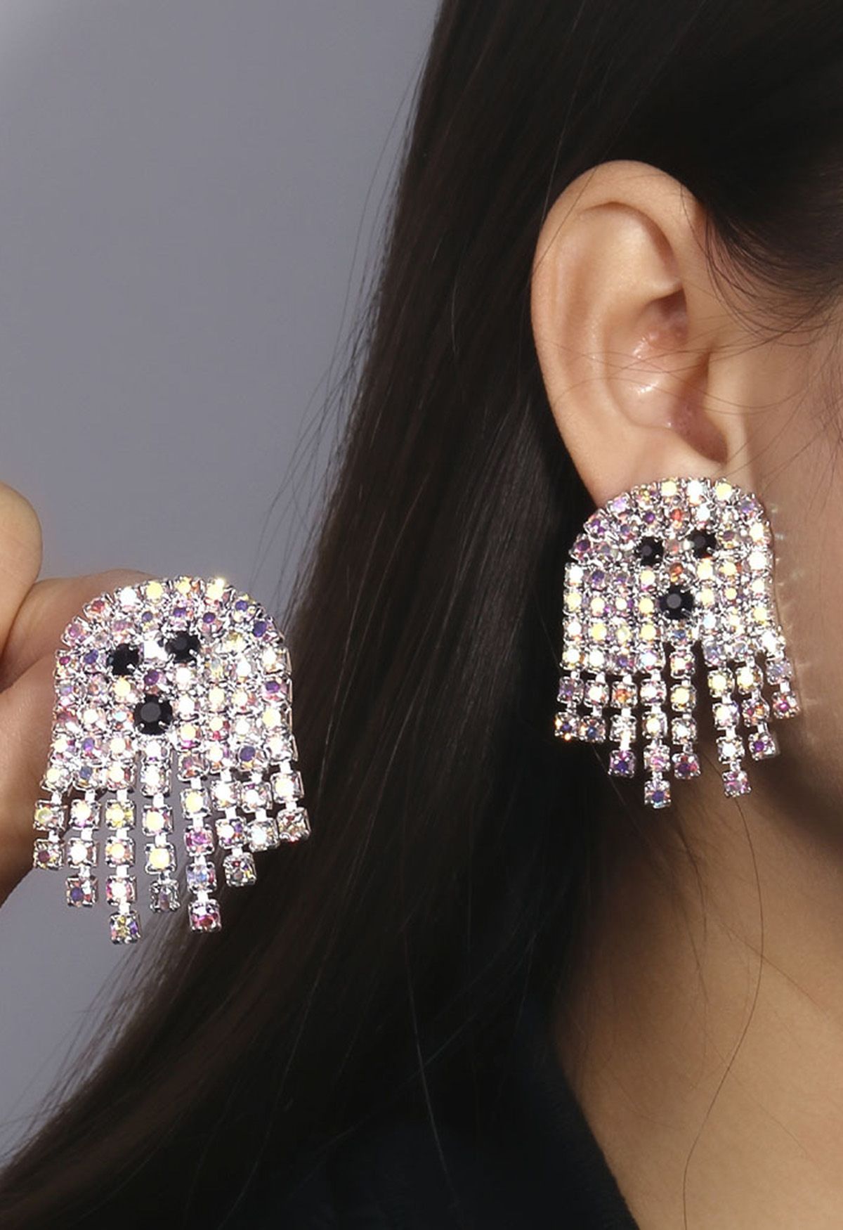 Boucles d'oreilles fantômes en strass colorées en argent