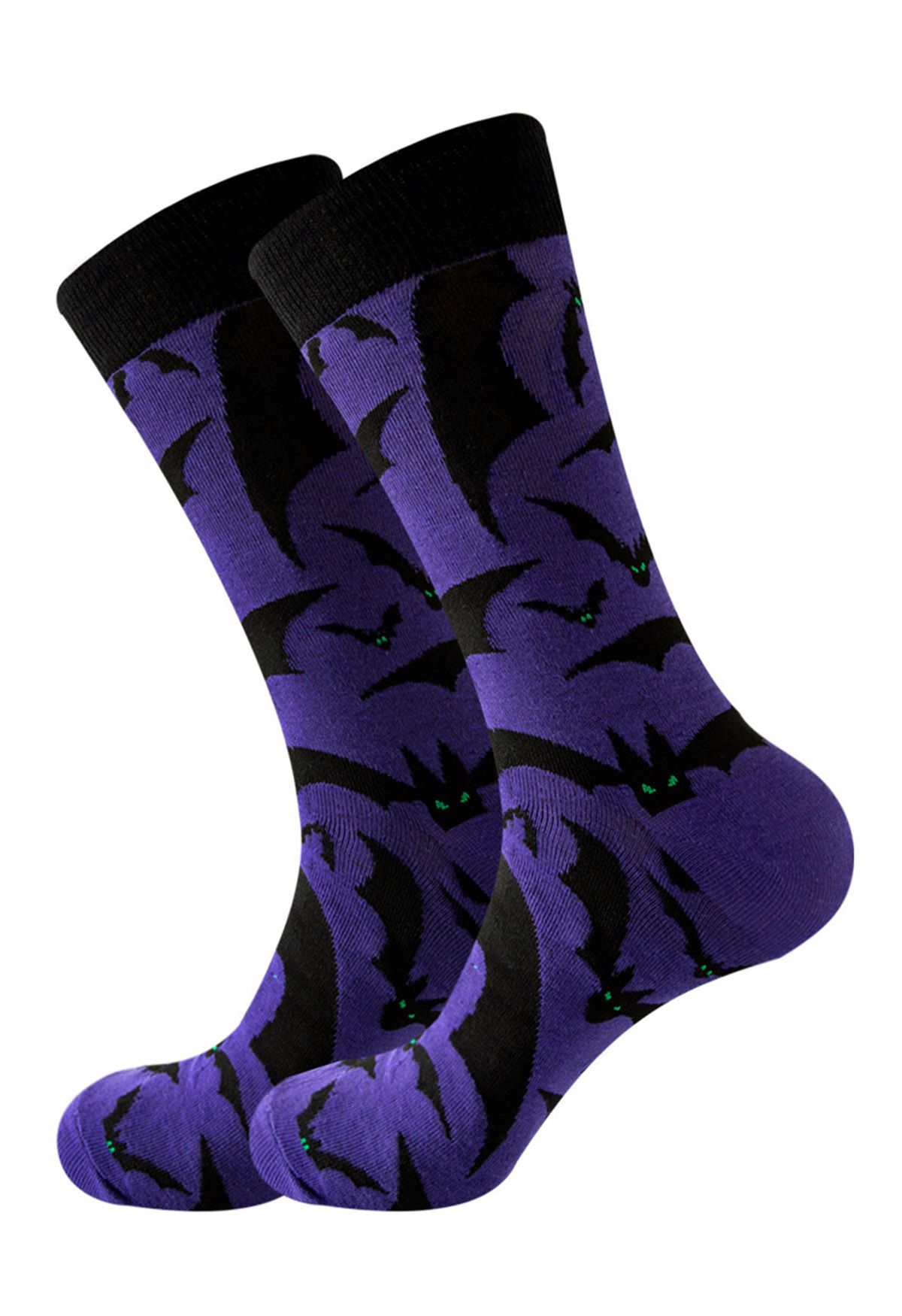 Chaussettes mi-mollet à motif chauve-souris d'Halloween en violet