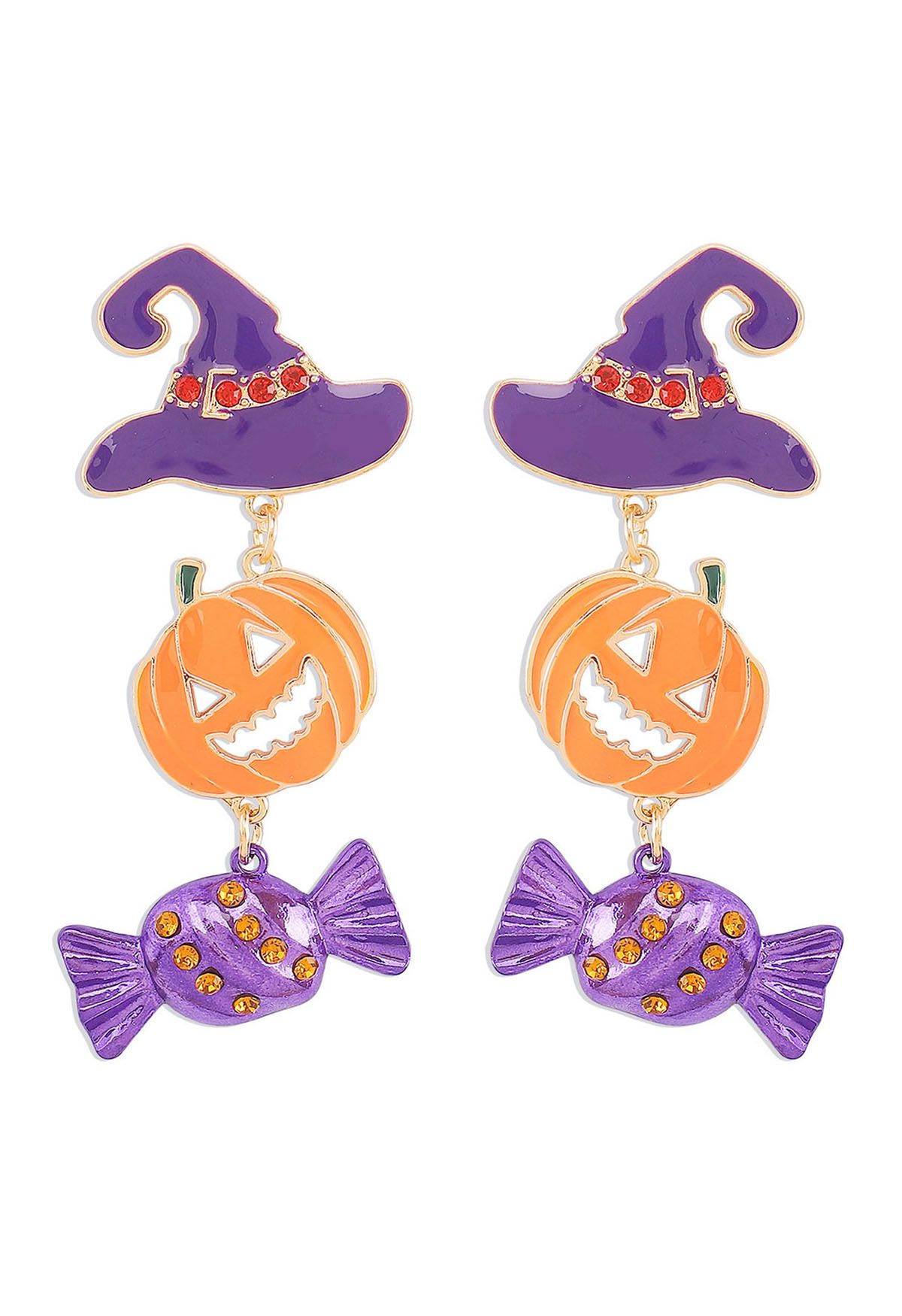 Boucles d'oreilles en forme de chapeau de sorcière et de citrouille en violet