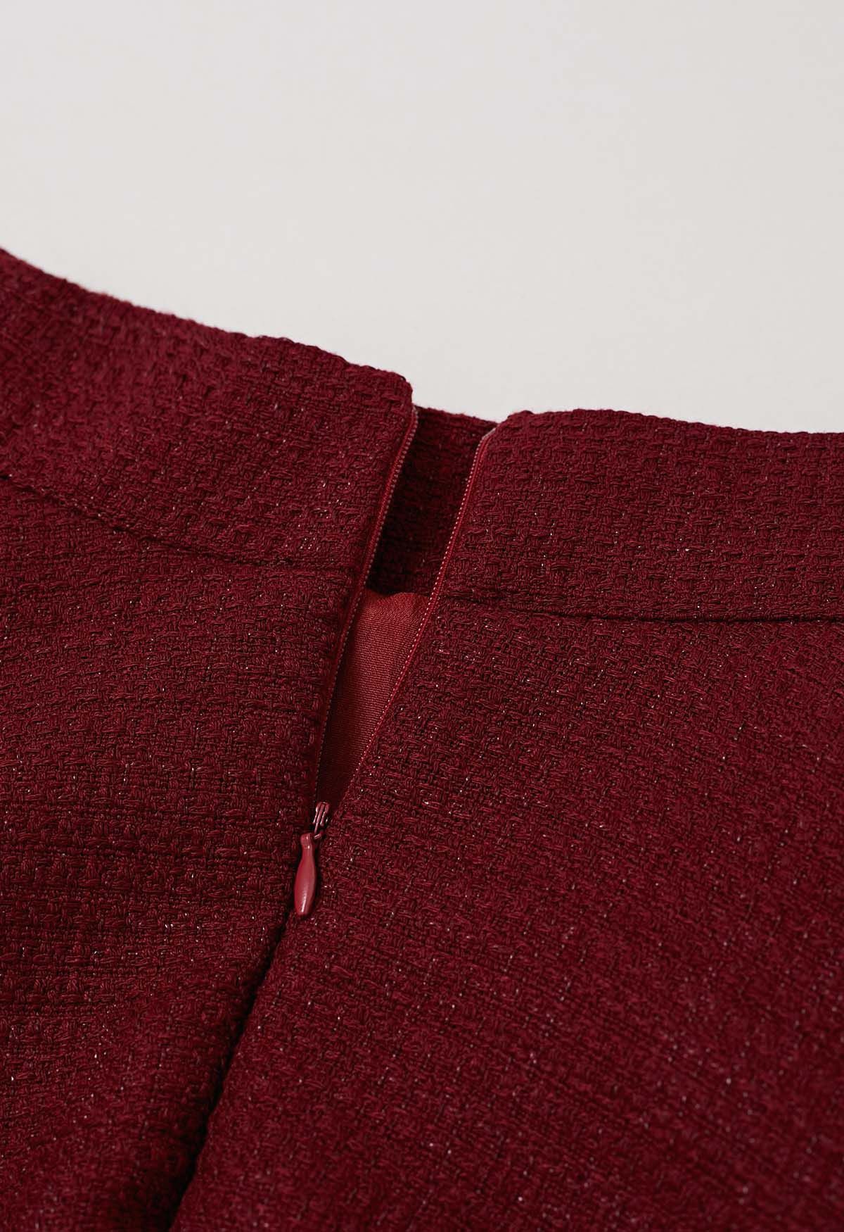 Jupe mi-longue évasée en tweed bordeaux, édition d'automne