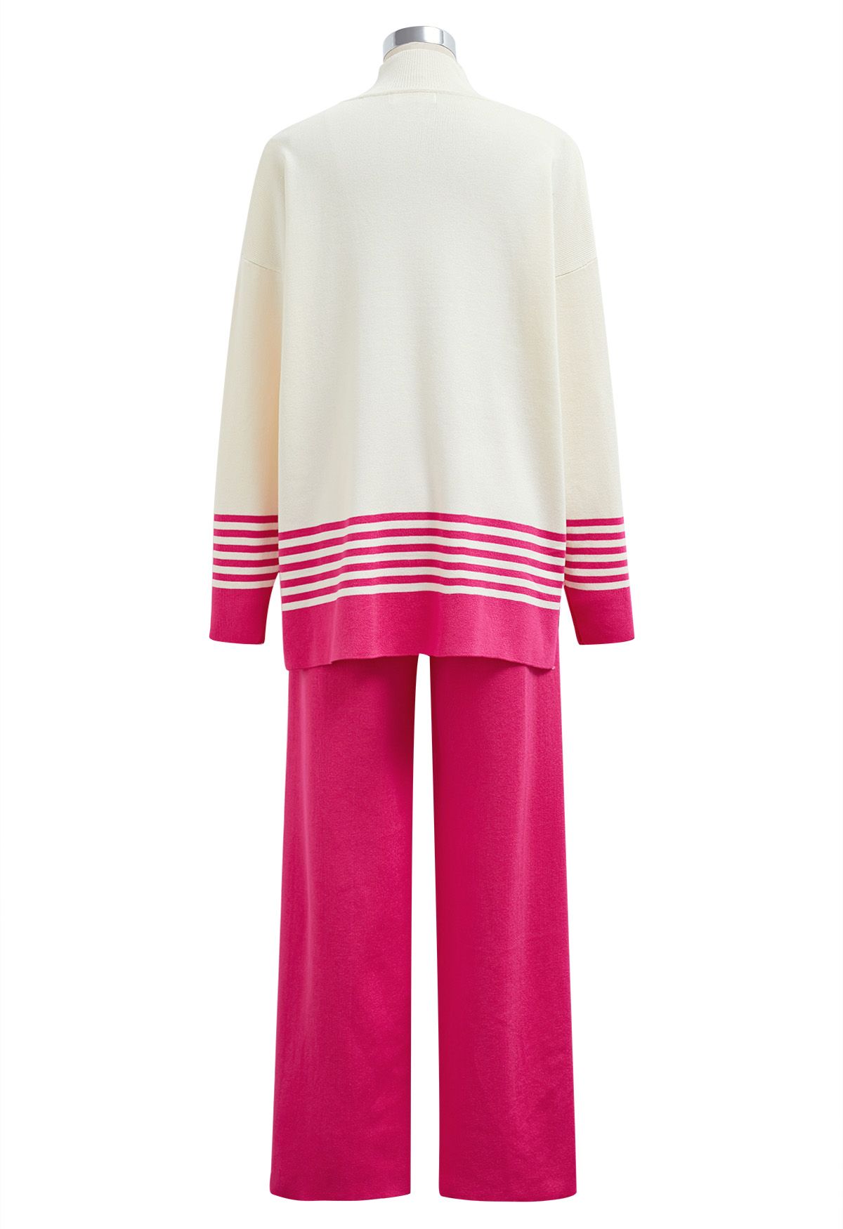 Ensemble pull et pantalon en tricot à col montant et rayures bicolores en rose