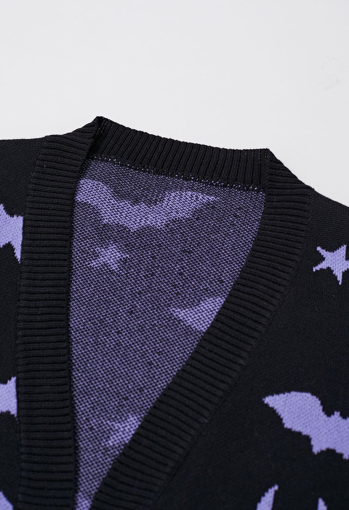 Cardigan ouvert en tricot à motif chauve-souris et étoiles au clair de lune en noir