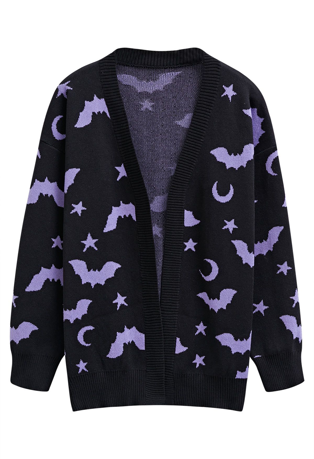 Cardigan ouvert en tricot à motif chauve-souris et étoiles au clair de lune en noir