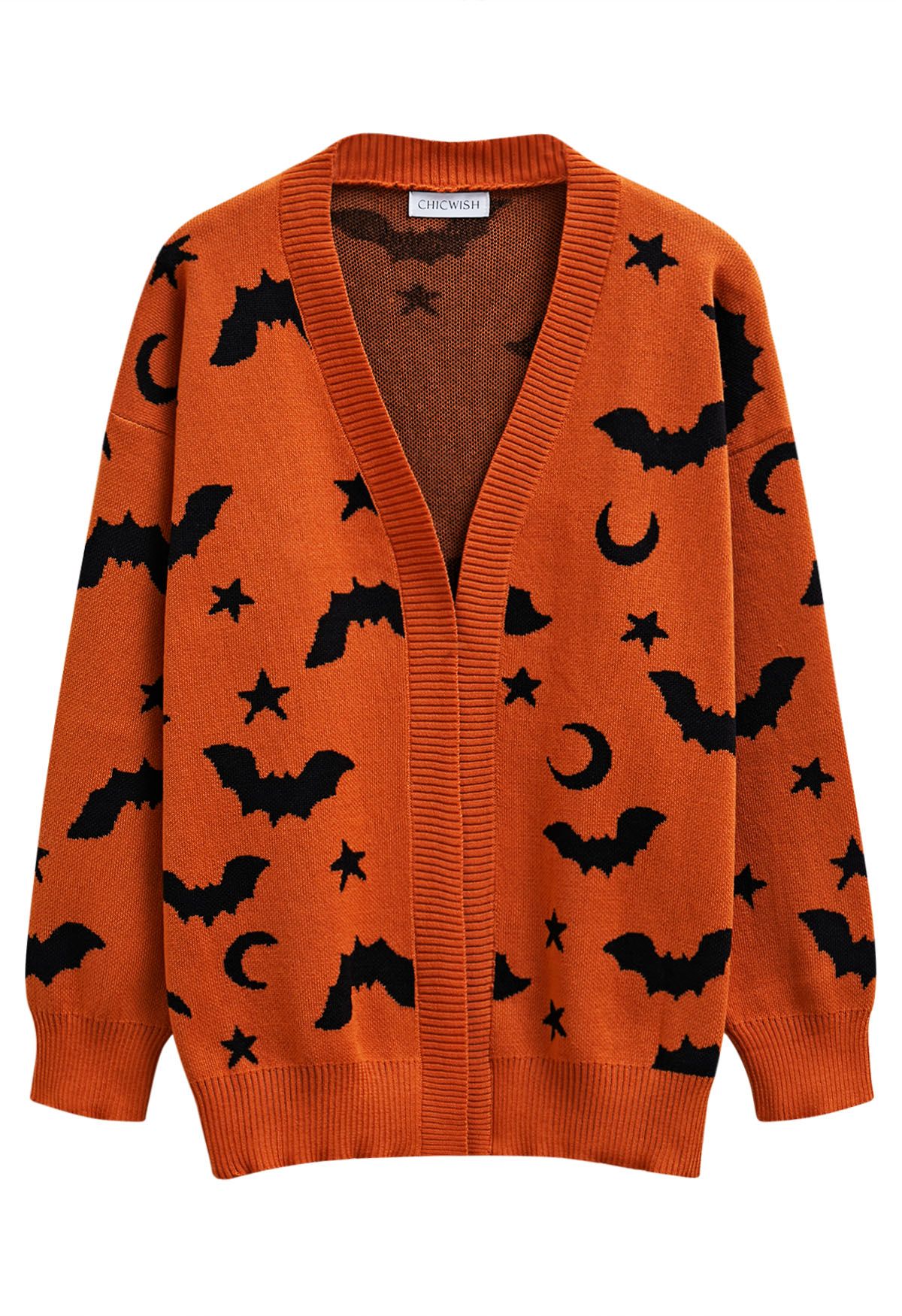 Cardigan ouvert en tricot à motif chauve-souris et étoiles au clair de lune en citrouille