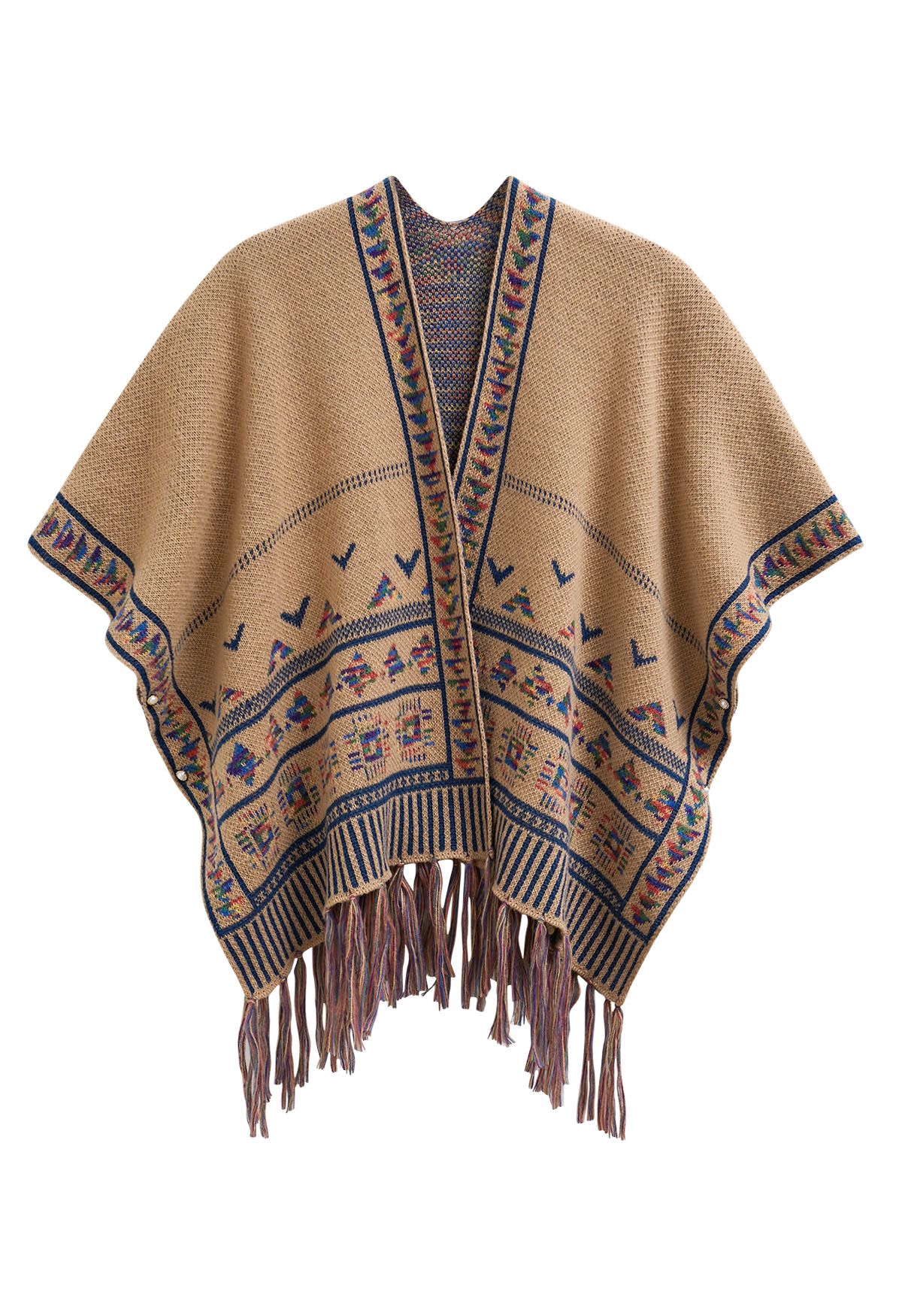 Poncho en tricot à franges Boho Wanderer en camel