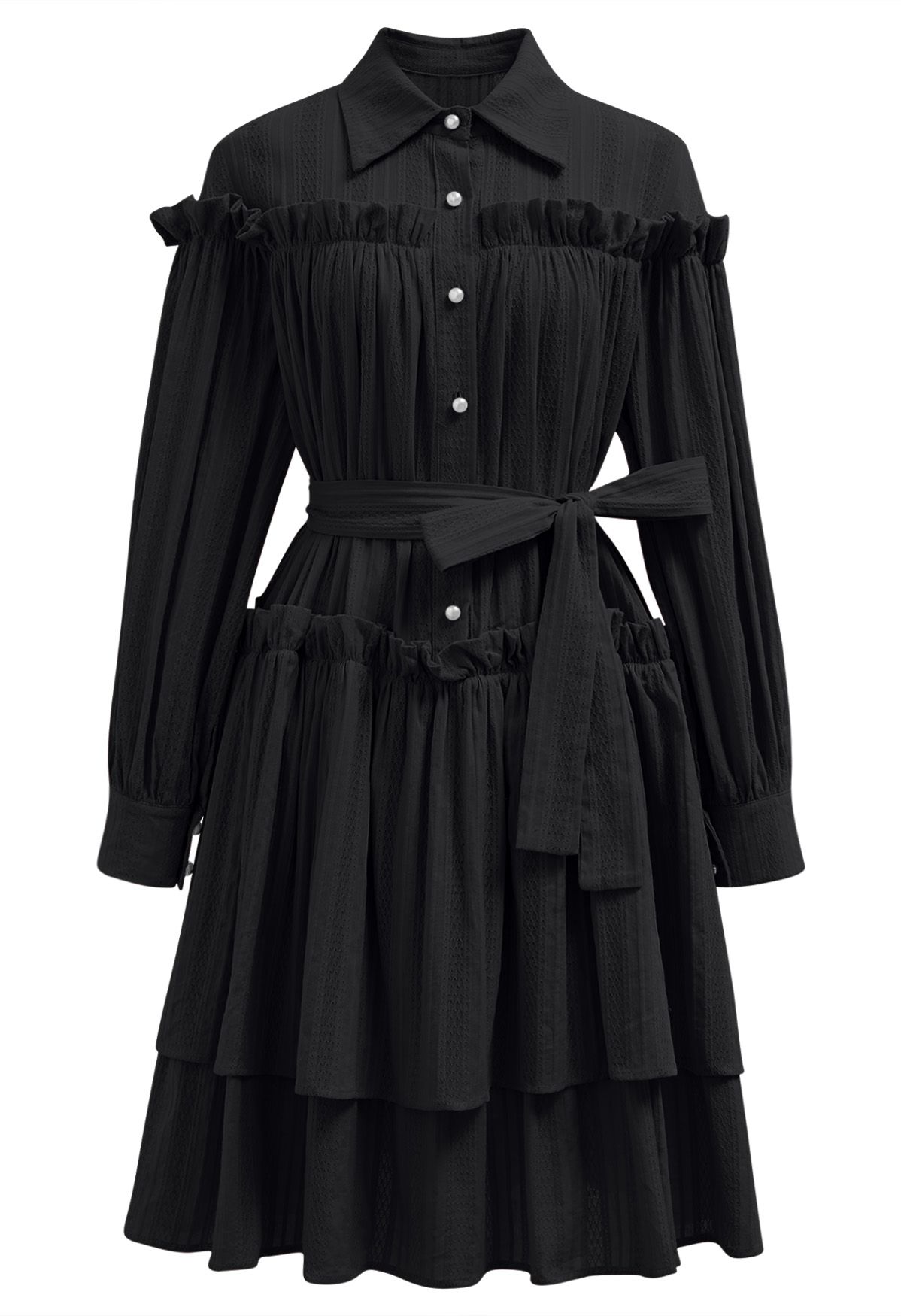 Robe Dolly à volants et à volants avec ceinture et boutons en noir