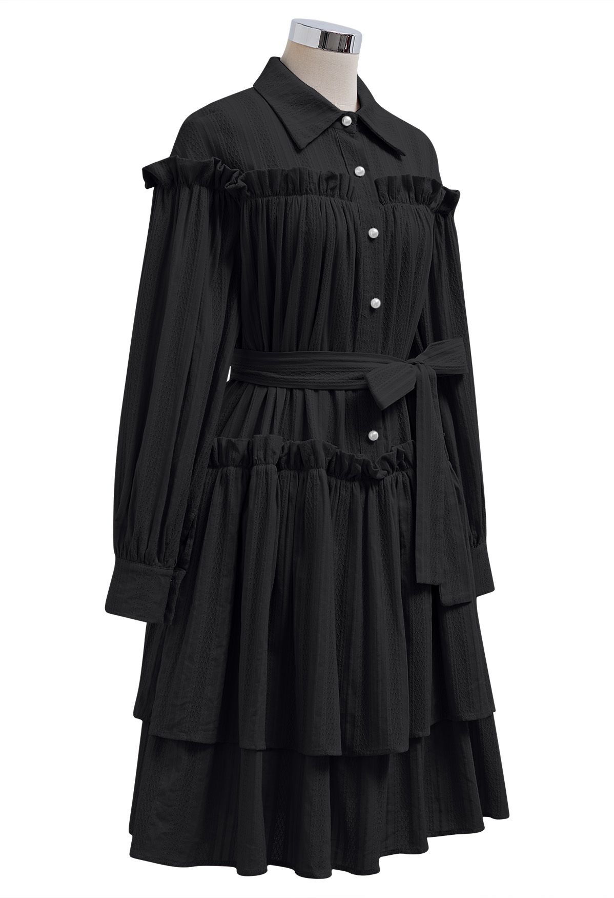 Robe Dolly à volants et à volants avec ceinture et boutons en noir