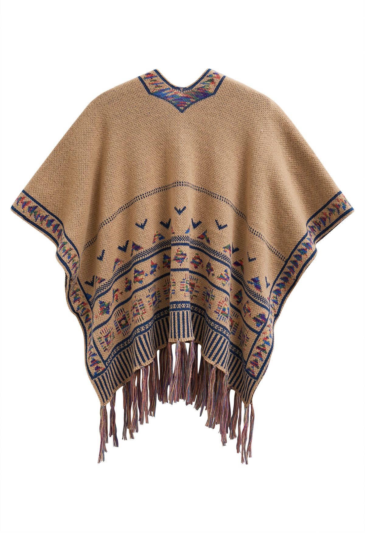 Poncho en tricot à franges Boho Wanderer en camel