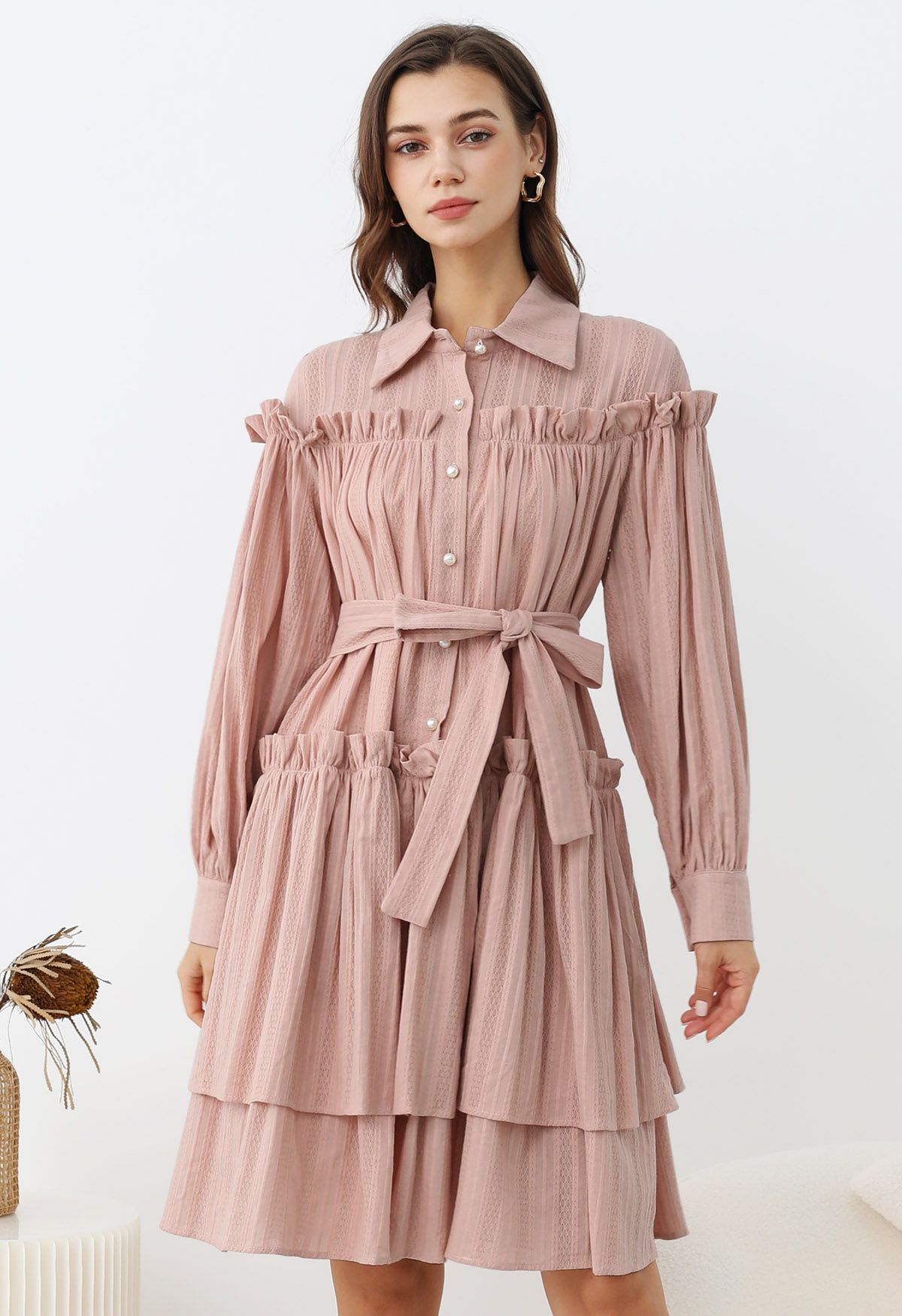 Robe Dolly à volants, à volants et à volants, avec ceinture et boutons, en rose