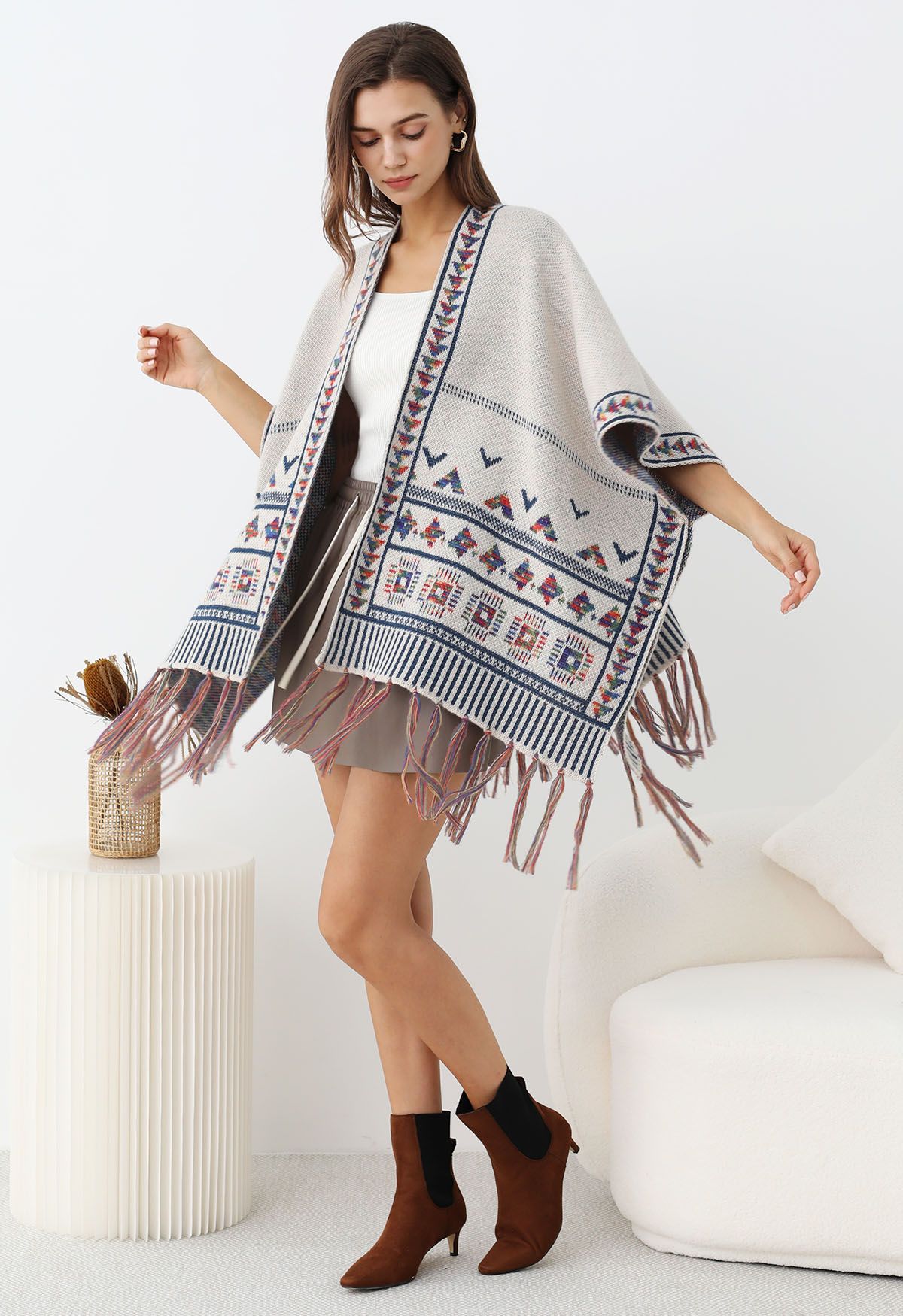 Poncho en tricot à franges Boho Wanderer en ivoire