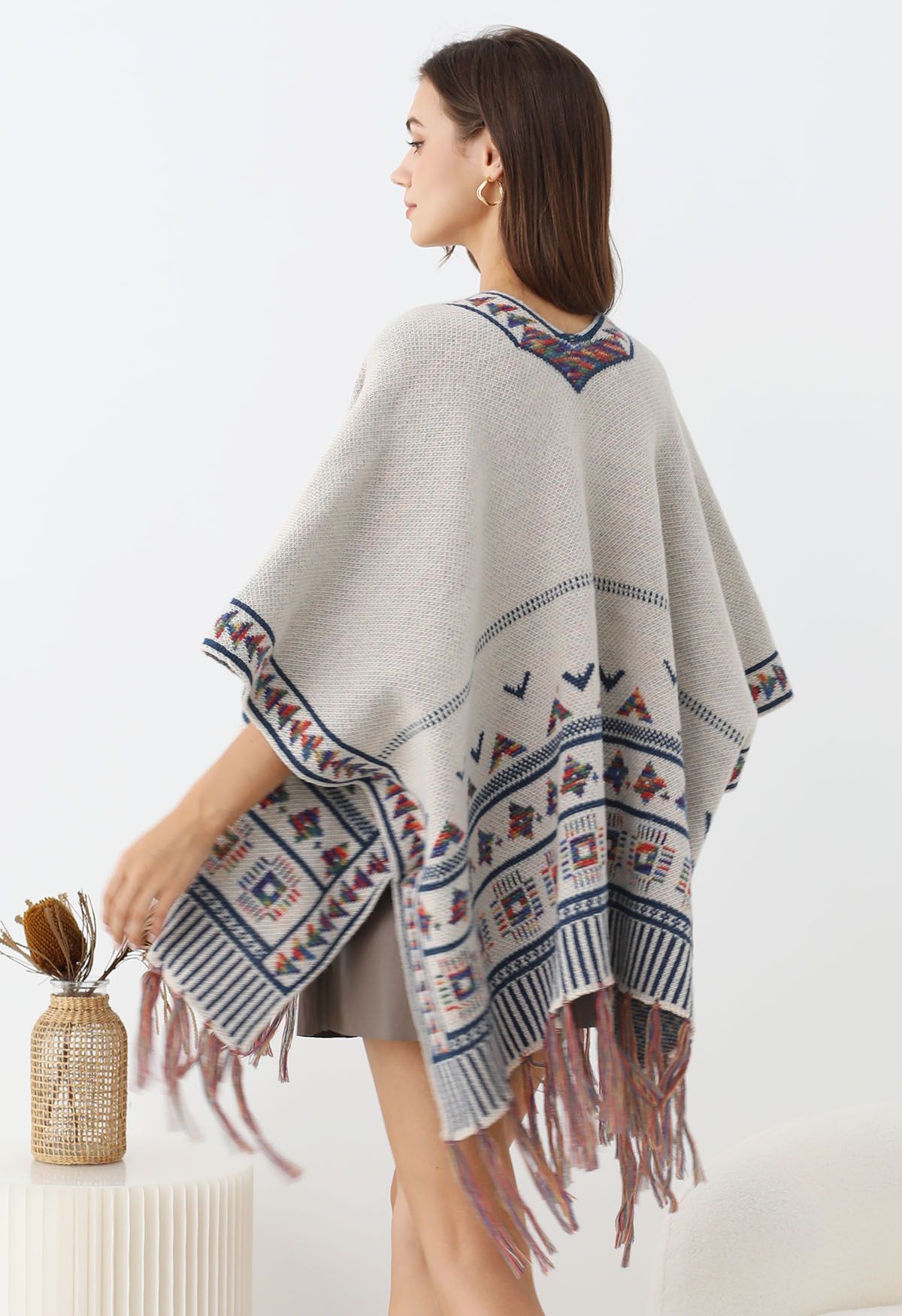 Poncho en tricot à franges Boho Wanderer en ivoire